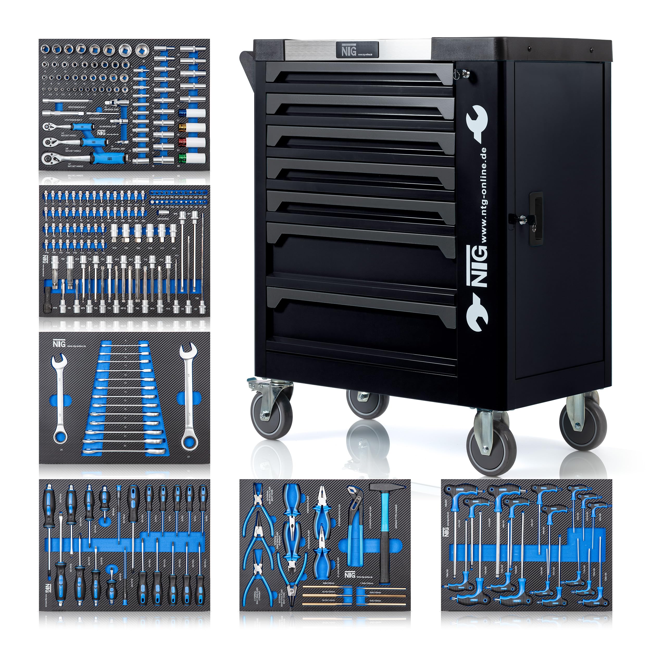 Carrello portautensili NTG + utensili + 7 cassetti | 252 pezzi | Nero | Di cui 6 con utensili | Chiudibile a chiave | Cassetti riempiti | Carrello da officina Cassetta degli attrezzi