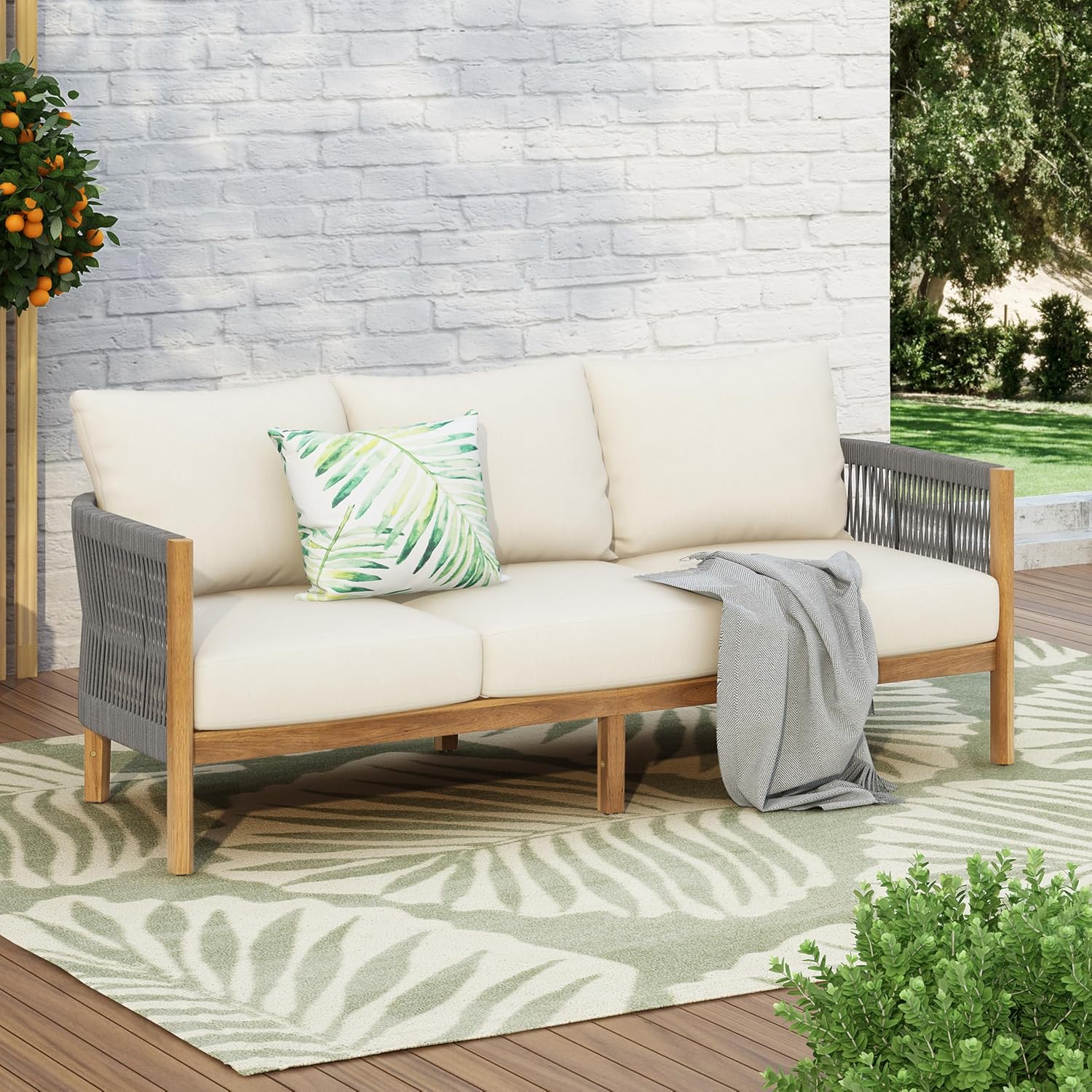 Merax 3-Seater Patio Acacia Wood Sofa, Woven Rope Outdoor Patio Sofa with 6" Thick Cushion Deep Seating for Porch, Garden, Backyard, Balcony