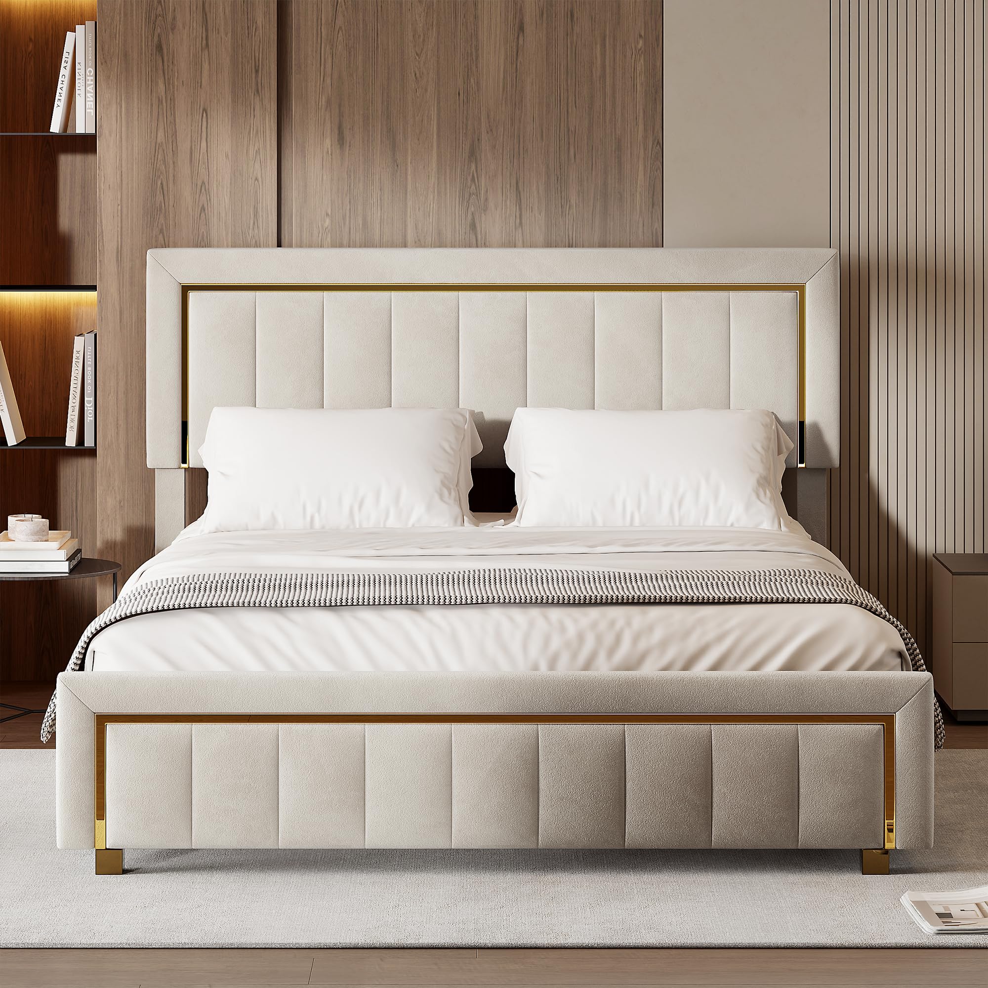 LIVLUX Lit Coffre 140x200 avec Sommier,Lit Double rembourré avec hydraulique Rangement et Tête de lit,Lit 2 Personnes pour Adultes et Adolescents,Velours (Beige A, 140 x 200 cm)