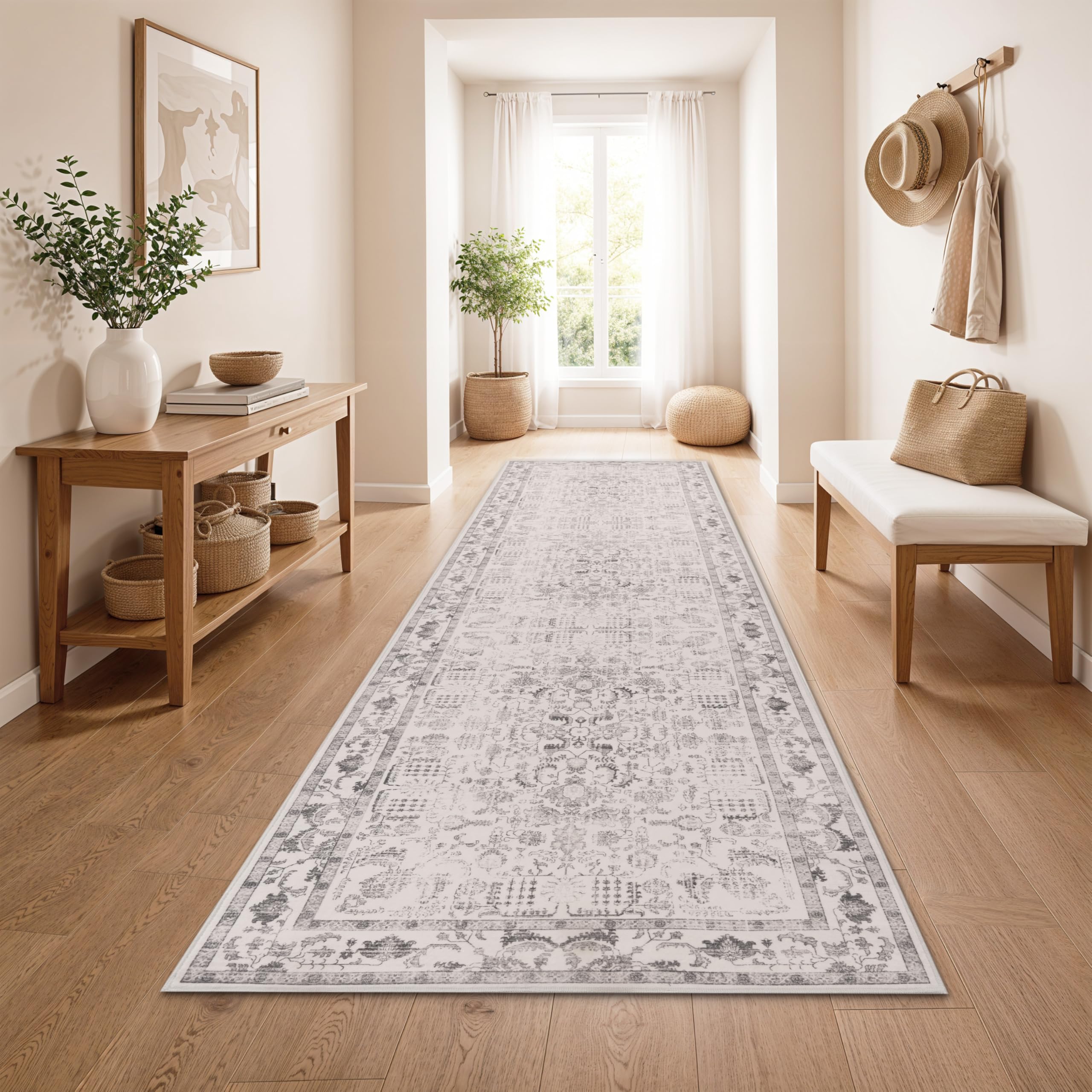 Paco Home Vintage Teppich Läufer Kurzflor Boho Stil Waschbar & rutschfest pflegeleicht modernes Retro Design, Farbe:Grau 3, Größe:80x150 cm
