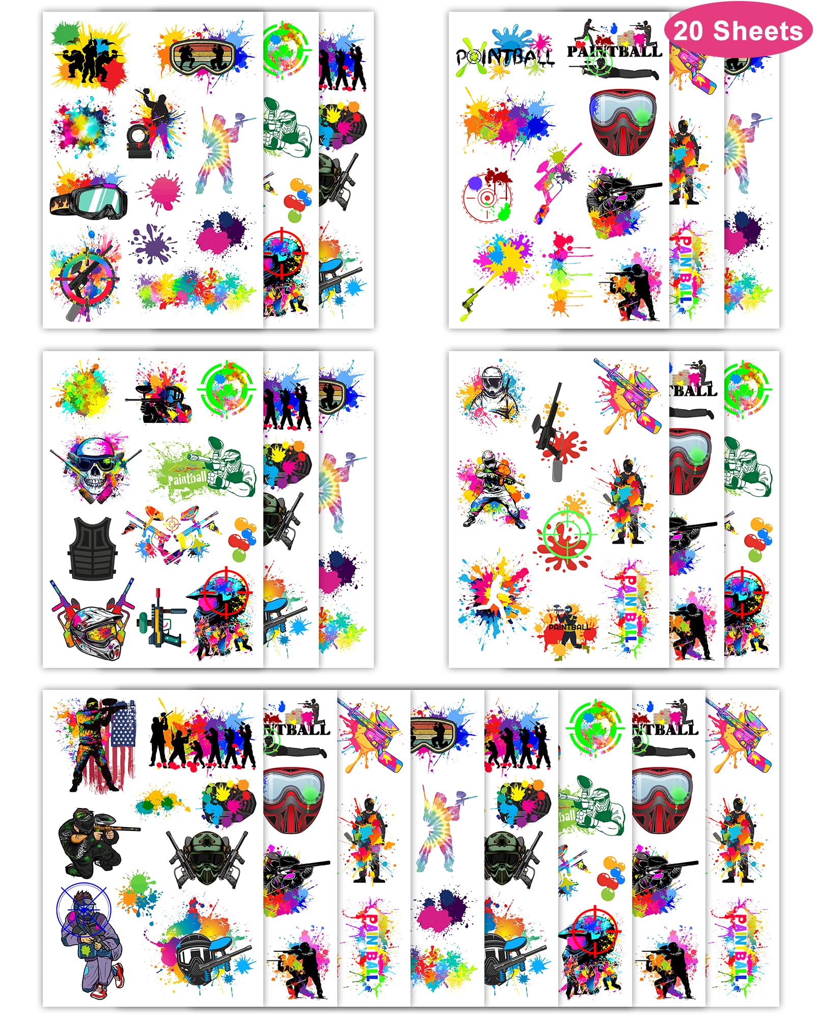 YanZonic 204Pcs Paintball Temporary Tattoos - Fun Kids Paintballs Tattoos Temporary Stickers Favors for Paintball Birthday Decorations, Paintball Party Supplies Class School Carnival