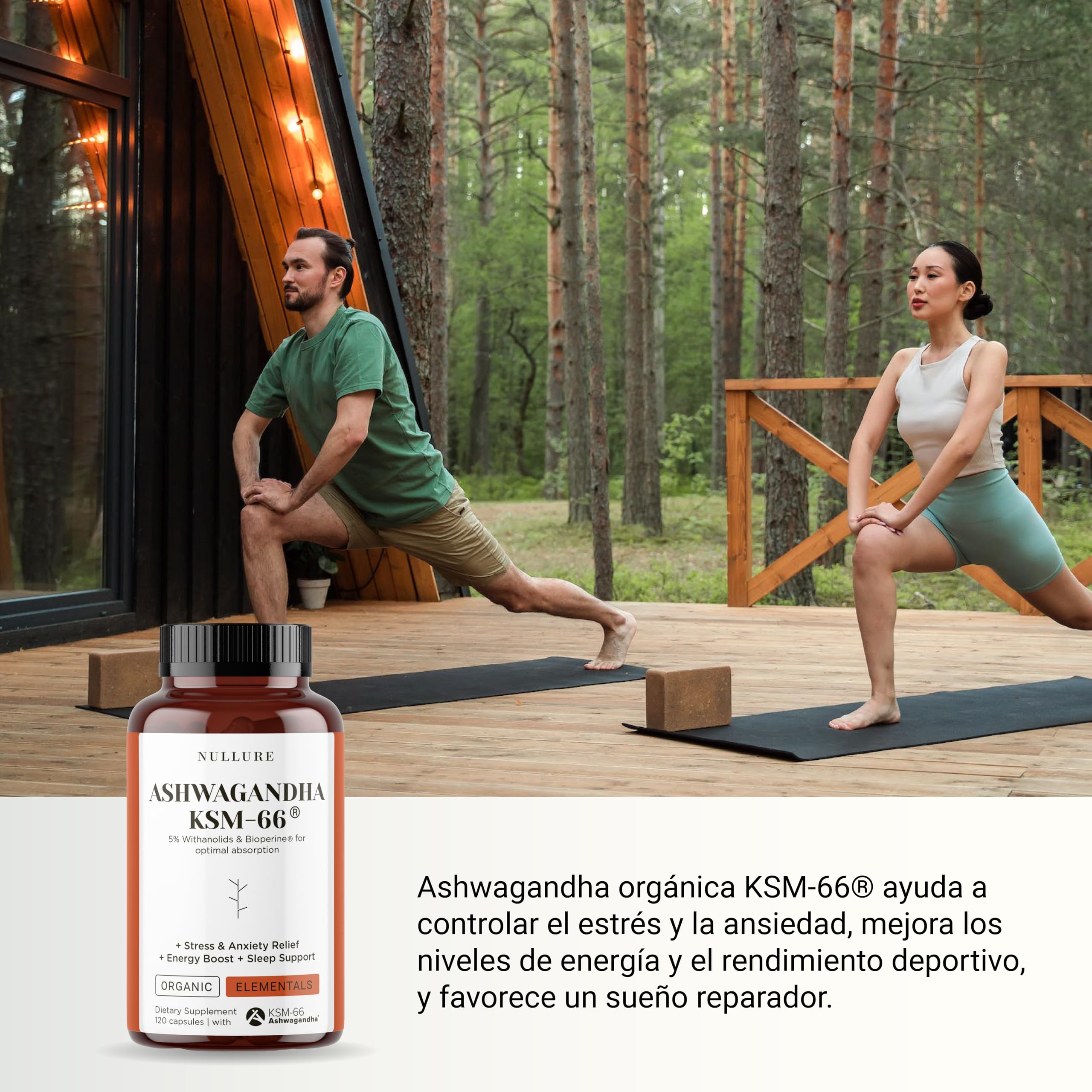 Nullure Ashwagandha KSM-66 Orgánica + Bioperine | Vegana | 600mg | Antiestrés (Cortisol) · Equilibrio Emocional · Resistencia | Ashwagandha Ecológica | 5% Withanolides | 120 caps. (2 meses)