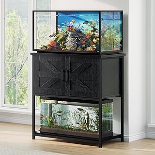 20 Gallon Fish Tank Stand with Storage Cabinet Farmhouse Wood Aquarium Stand for Fish Reptile Heavy Duty Terrarium Stand for Living Room Entry Way Hallway Black