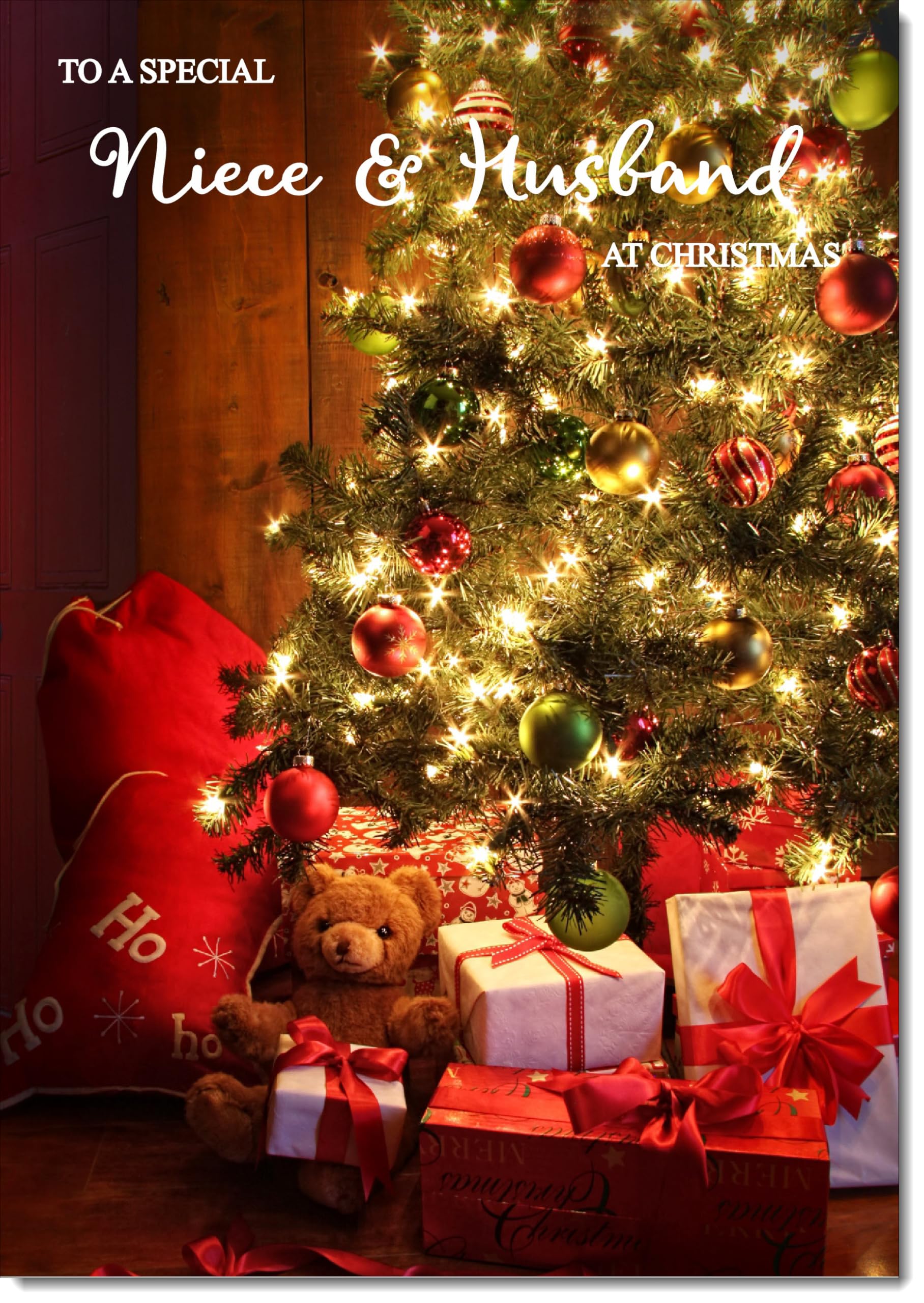 doodlecards Niece and Husband Christmas Card Teddy by Christmas Tree Large A4 Size Christmas Card for Niece & Husband with Plain Envelope — image 1