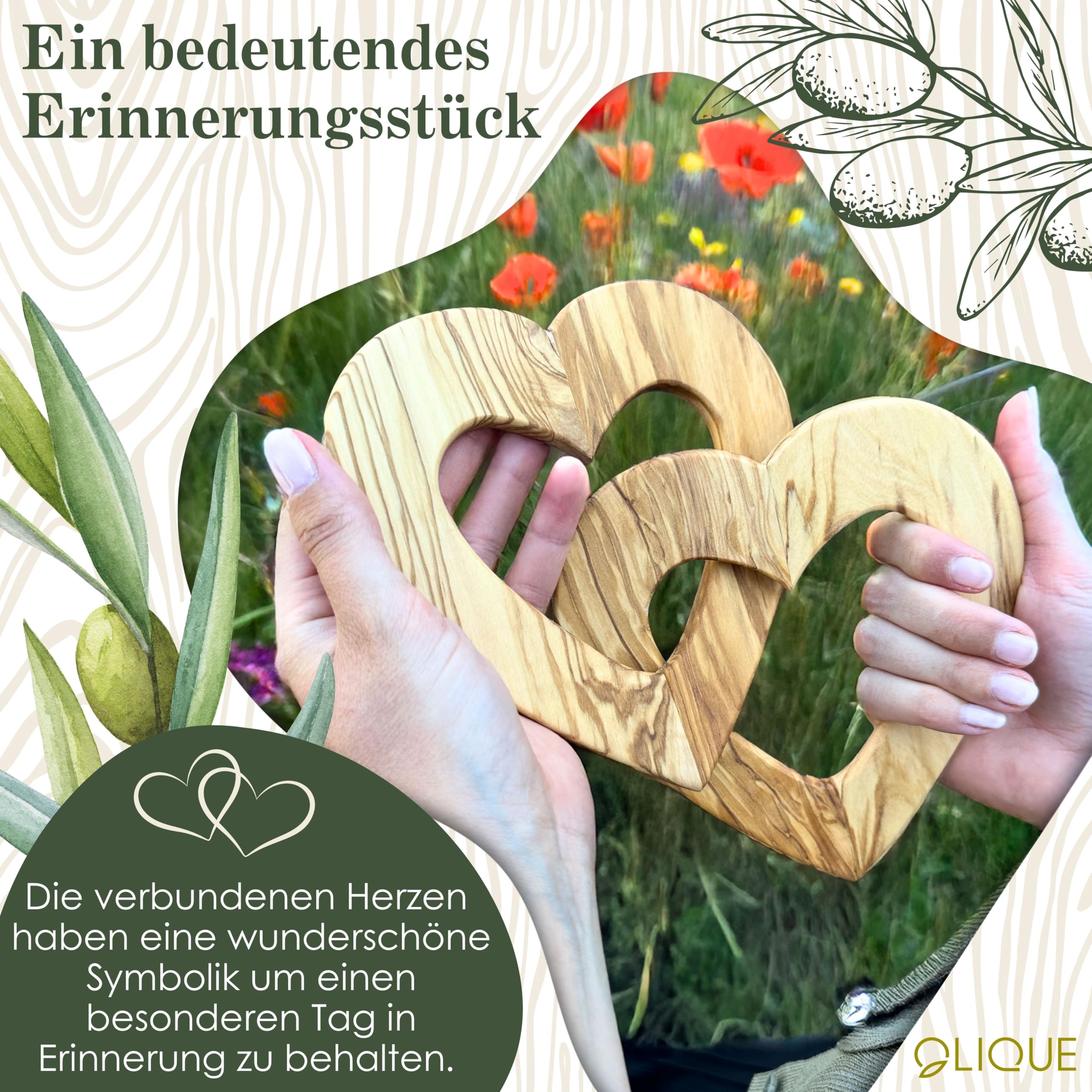 Cuori in legno, legno d'ulivo - Cuori collegati come regalo personalizzato (15 cm)