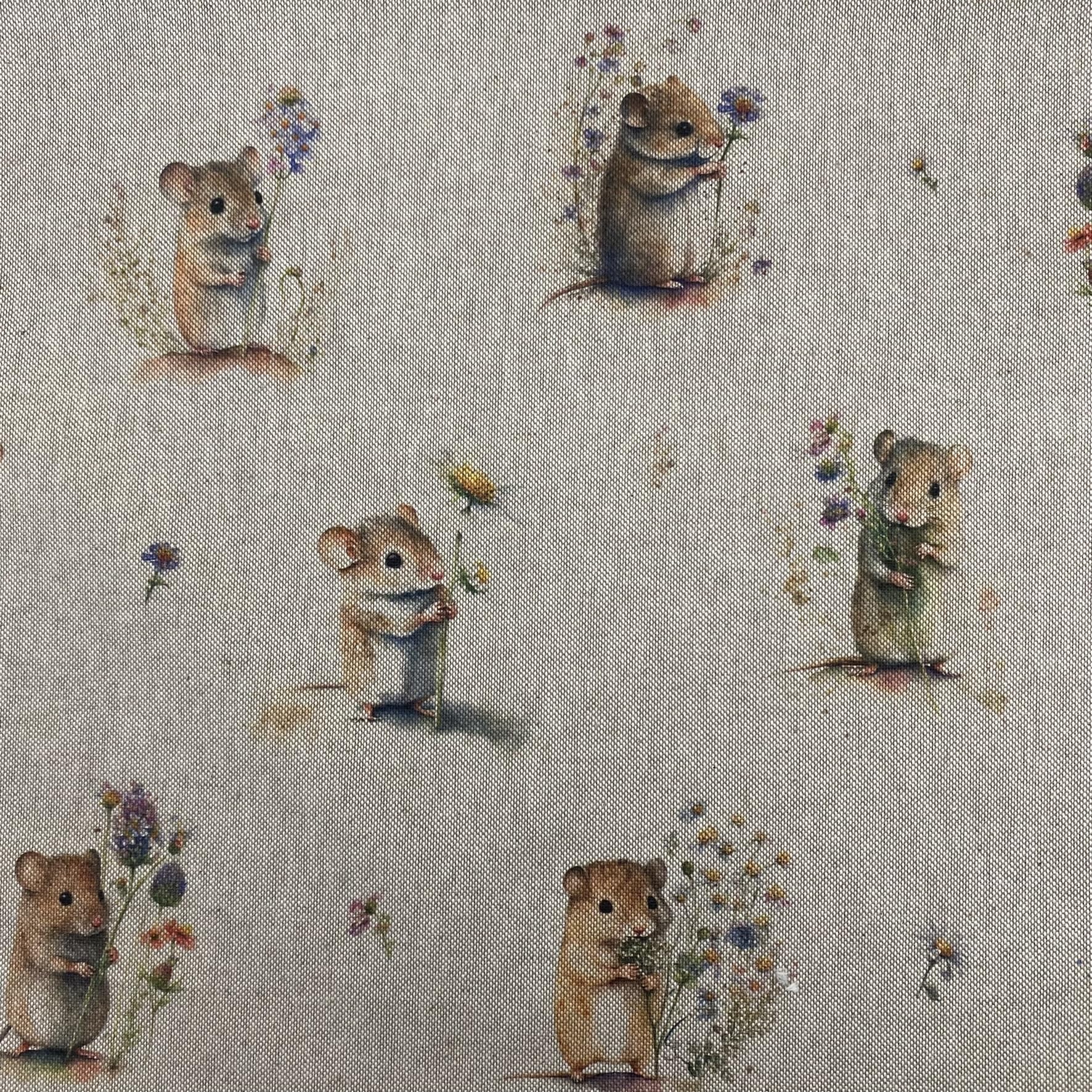 Linen Look Digital Print Fabric 54” Wide 140cm - Per Metre - Field Mice