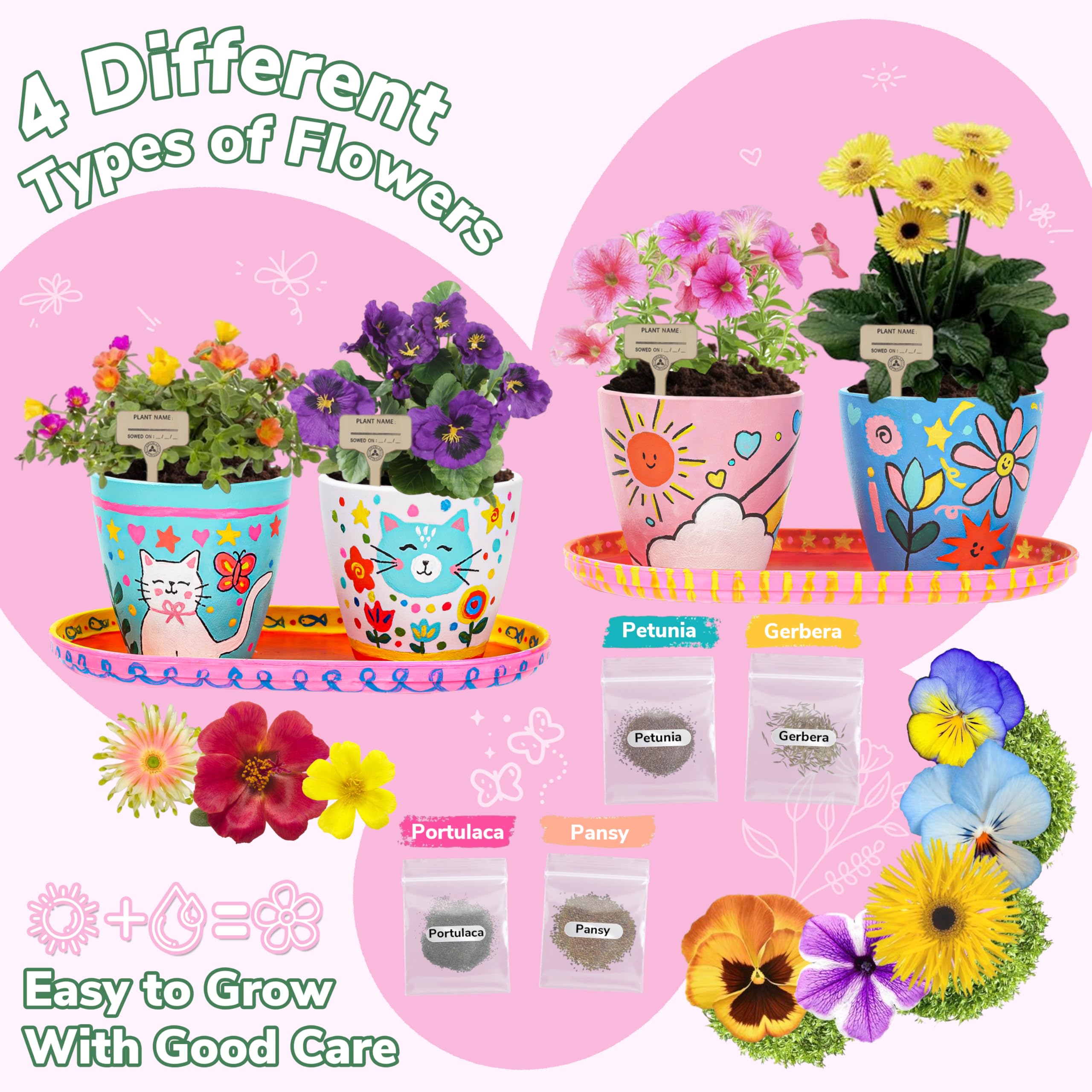 Kit de jardinería de flores de pintura y plantas con 4 macetas, juego de jardinería para niños de 8 a 12 años, kit de actividades de arte y manualidades de primavera, regalos educativos 3