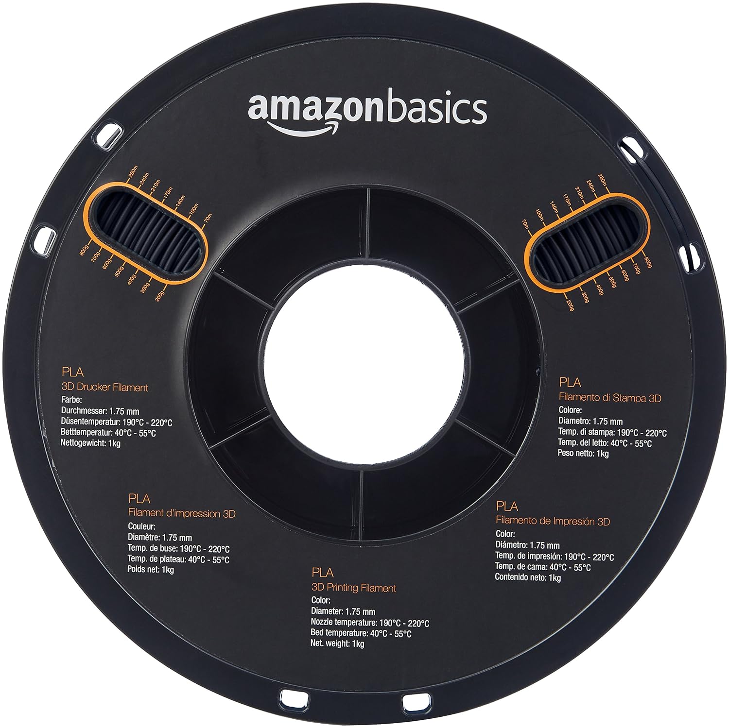 Amazon Basics PLA 3D Printer Filament, 1.75mm, Black, 1 kg Spool