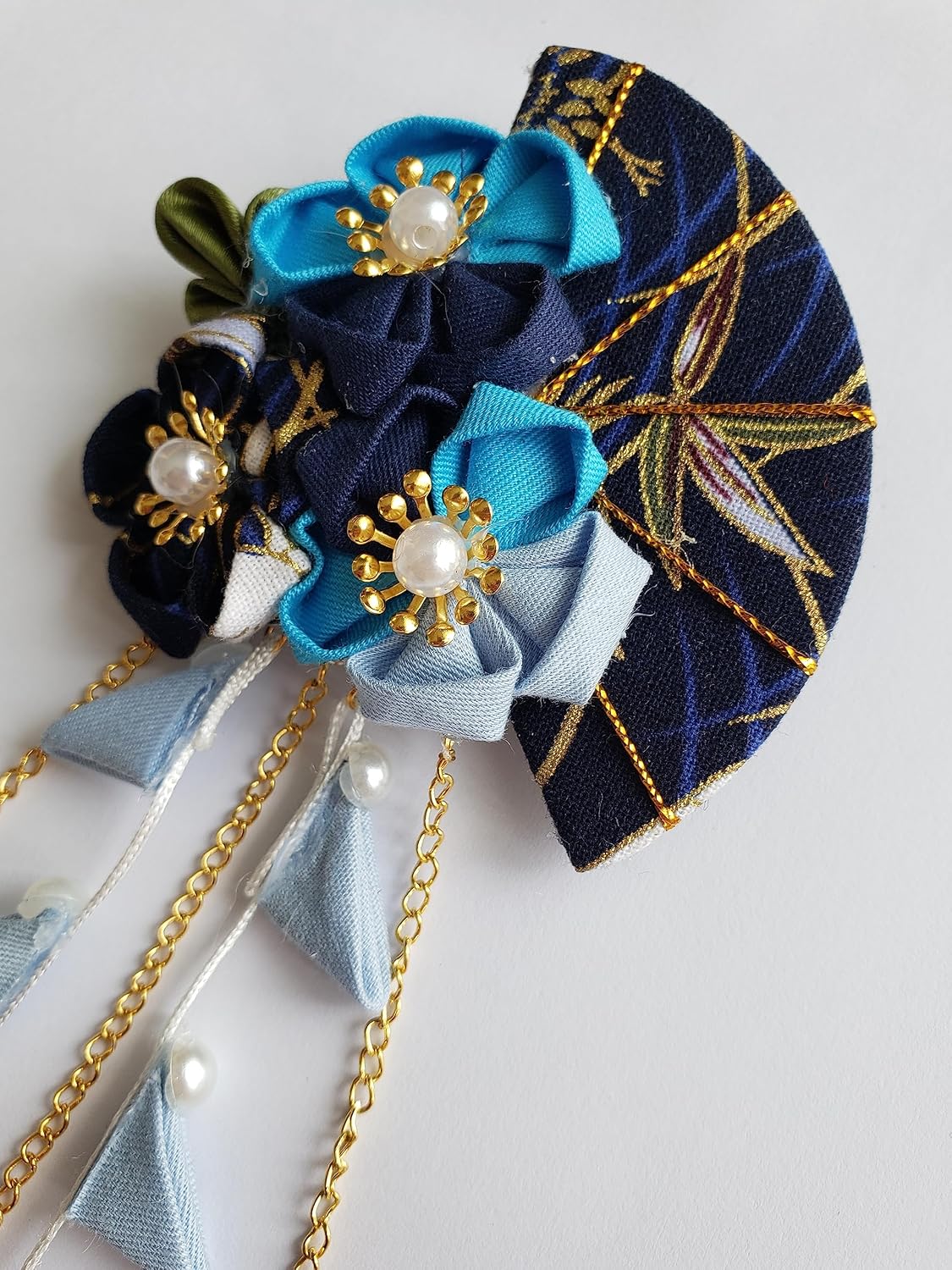 CRB Fashion Womens Girls Kimono Traditional Tsumami Kanzashi Outfit Wedding Japanese Asian Yukata Hair Tie Flower Floral Sakura Fan Barrette Clip (Blue) image 4