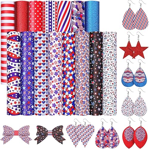 15 hojas de cuero sintético con diseño de bandera estadounidense del Día del Trabajo, lentejuelas con purpurina, hojas de cuero sintético para hacer