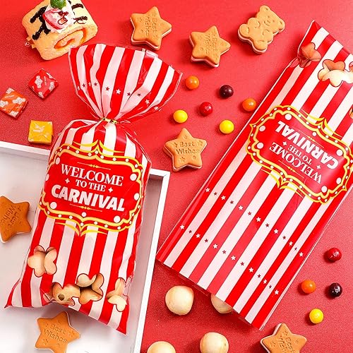 Miniatura 8 de Bolsas de dulces de carnaval, bolsas de plástico de circo, bolsas de regalo para fiesta de carnaval, bolsas de fiesta con patrón de palomitas de