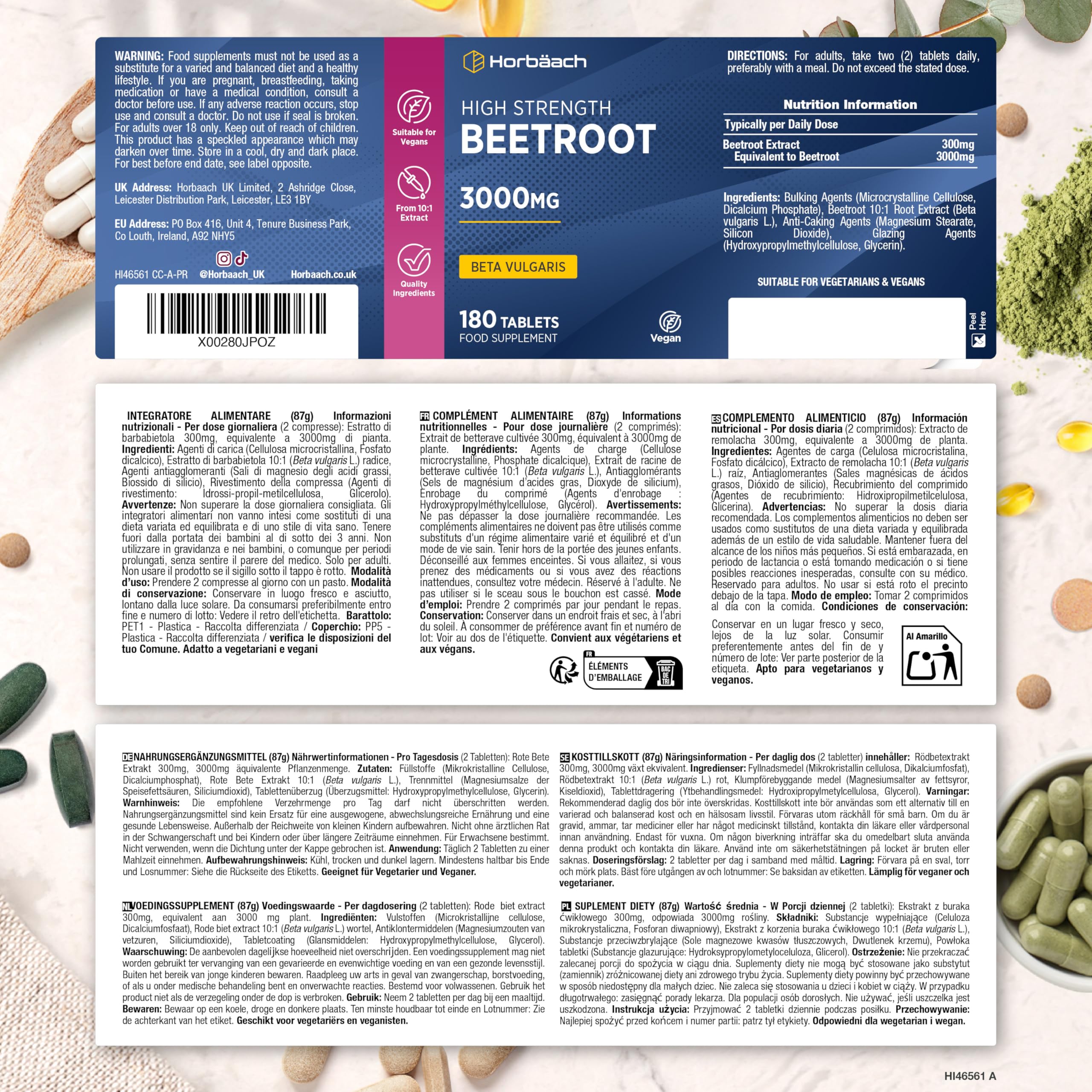 Barbabietola Rossa Compresse 3000mg | Beetroot Supplement | Booster Superfood di Ossido Nitrico | 180 Compresse Vegane | Horbaach
