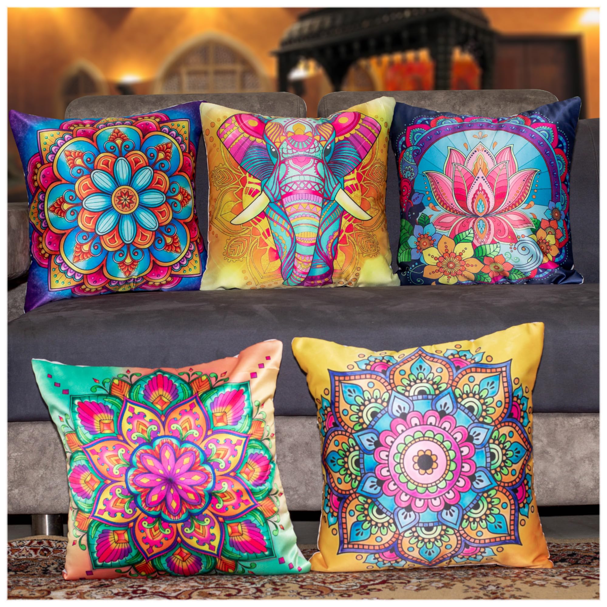 HAPPYNEST Satin 250TC Cushion Covers, Multicolour, Set of 5 (24X24 Inches, Elephant Mandala) (B0C86LXPNN) Amazon Price History, Amazon Price Tracker
