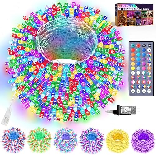 Luces de Navidad que cambian de color para exteriores, 66 pies, 200 luces LED de 34 colores con control remoto, multicolor, enchufable, luz