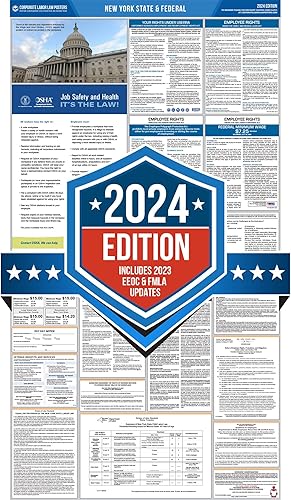 Wall Art Impressions Pósteres de derecho laboral federal y estatal de Nueva York 2024  Todo en uno laminado en inglés Compacto 20 de ancho Incluye