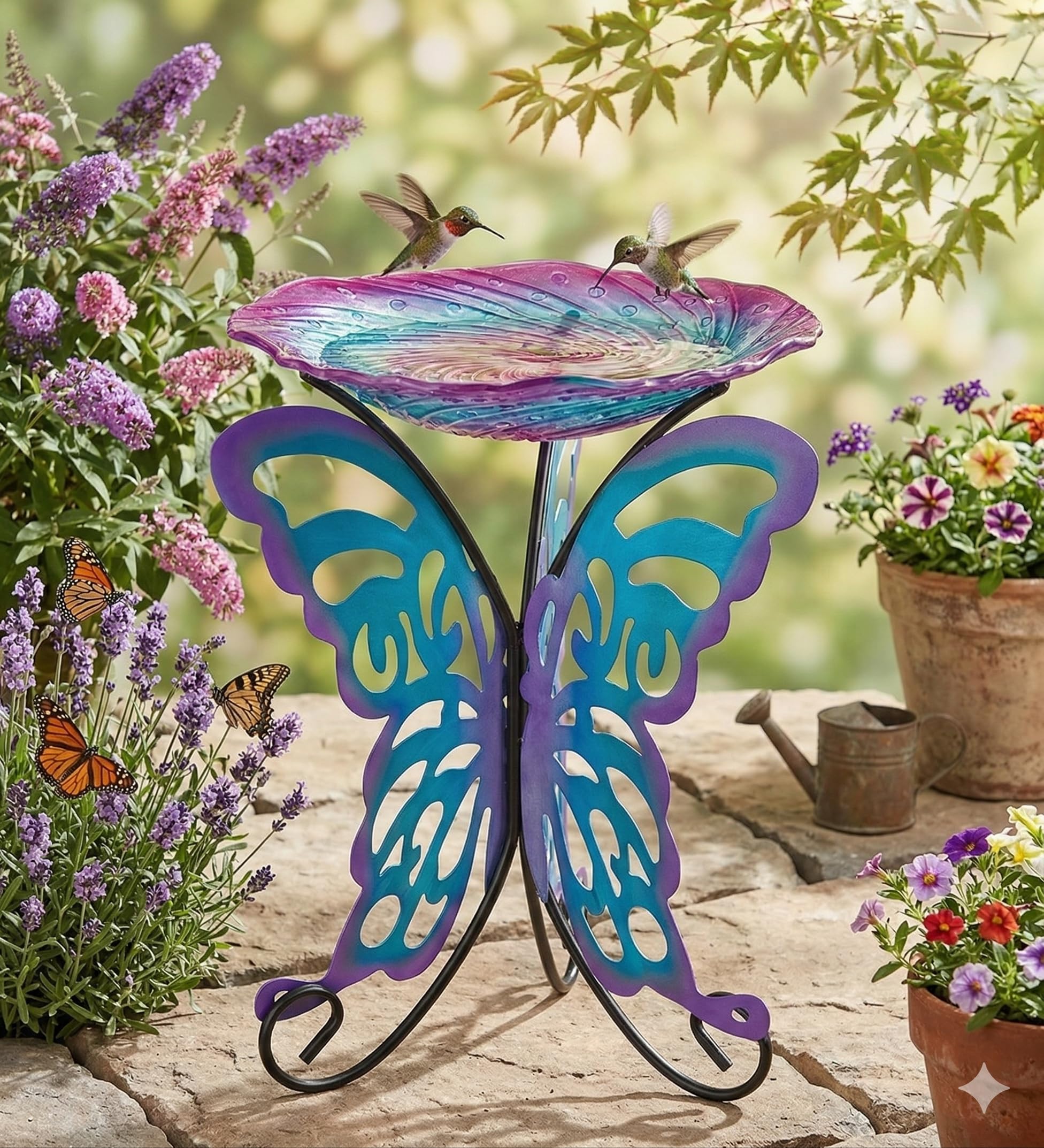Regal Art & Gift Vogeltränke mit Ständer – langlebige Glasschale mit robustem Metallständer, leicht zu befüllen, ideal für Terrasse, Veranda und Gartendekoration – Schmetterling