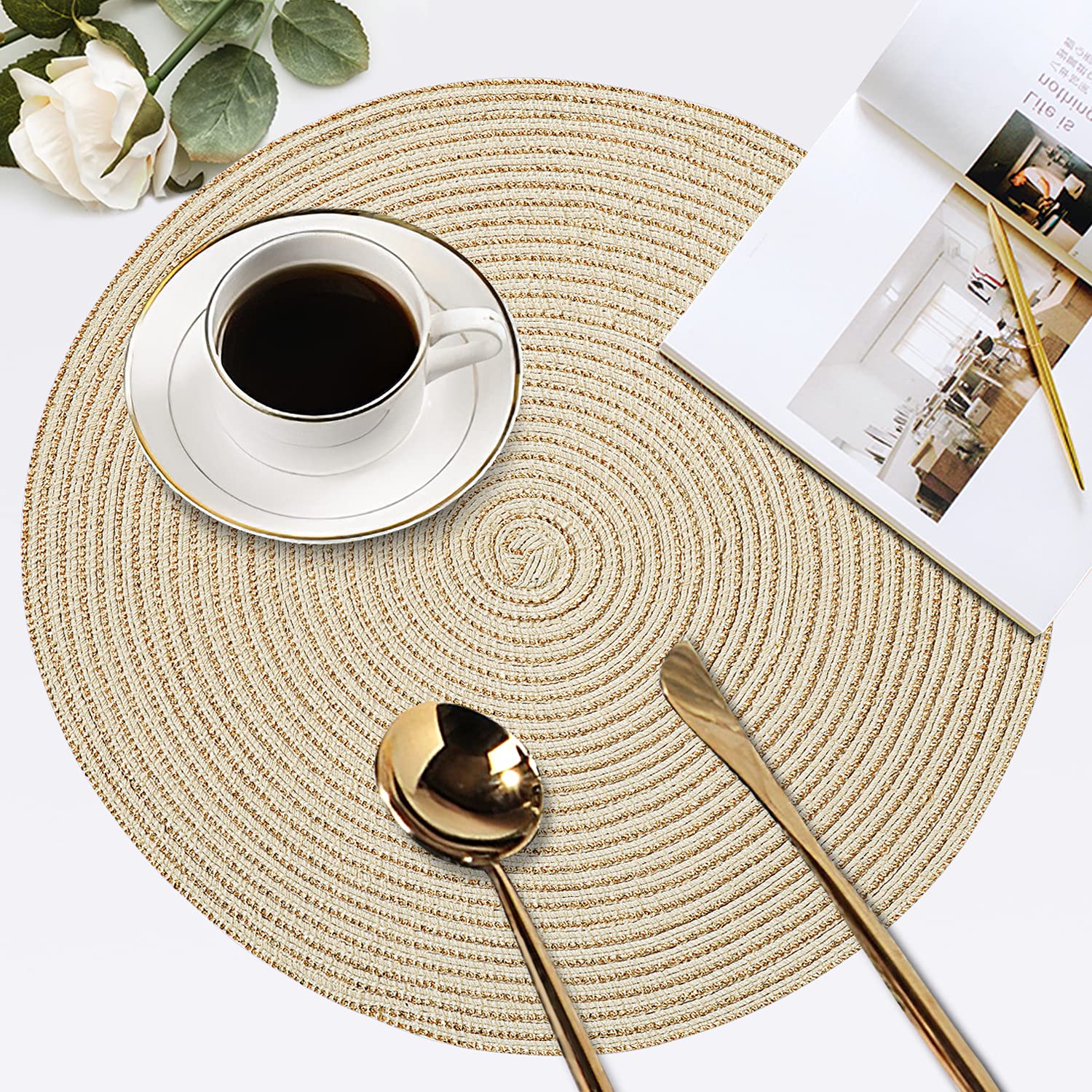 Homaxy Round Braided Placemats for Dining Table Set of 4 - Woven Heat Resistant Non-Slip Kitchen Table Mats, Easy to Care, 15" Diameter, Gold