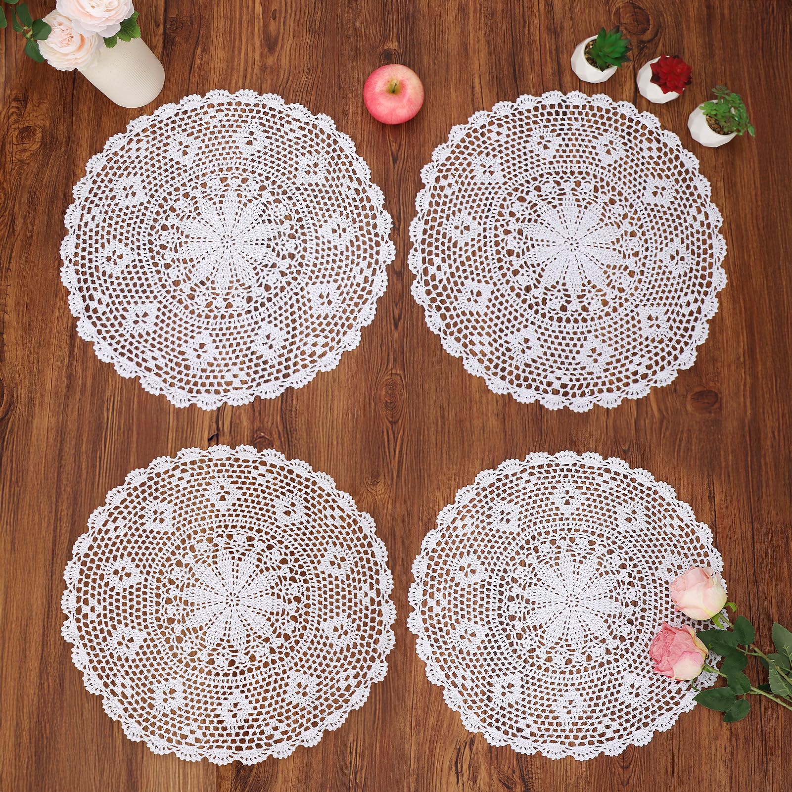 Kilofly White Crochet Cotton Lace Table Placemats Doilies Value Pack, 4Pc, 17.7 Inch