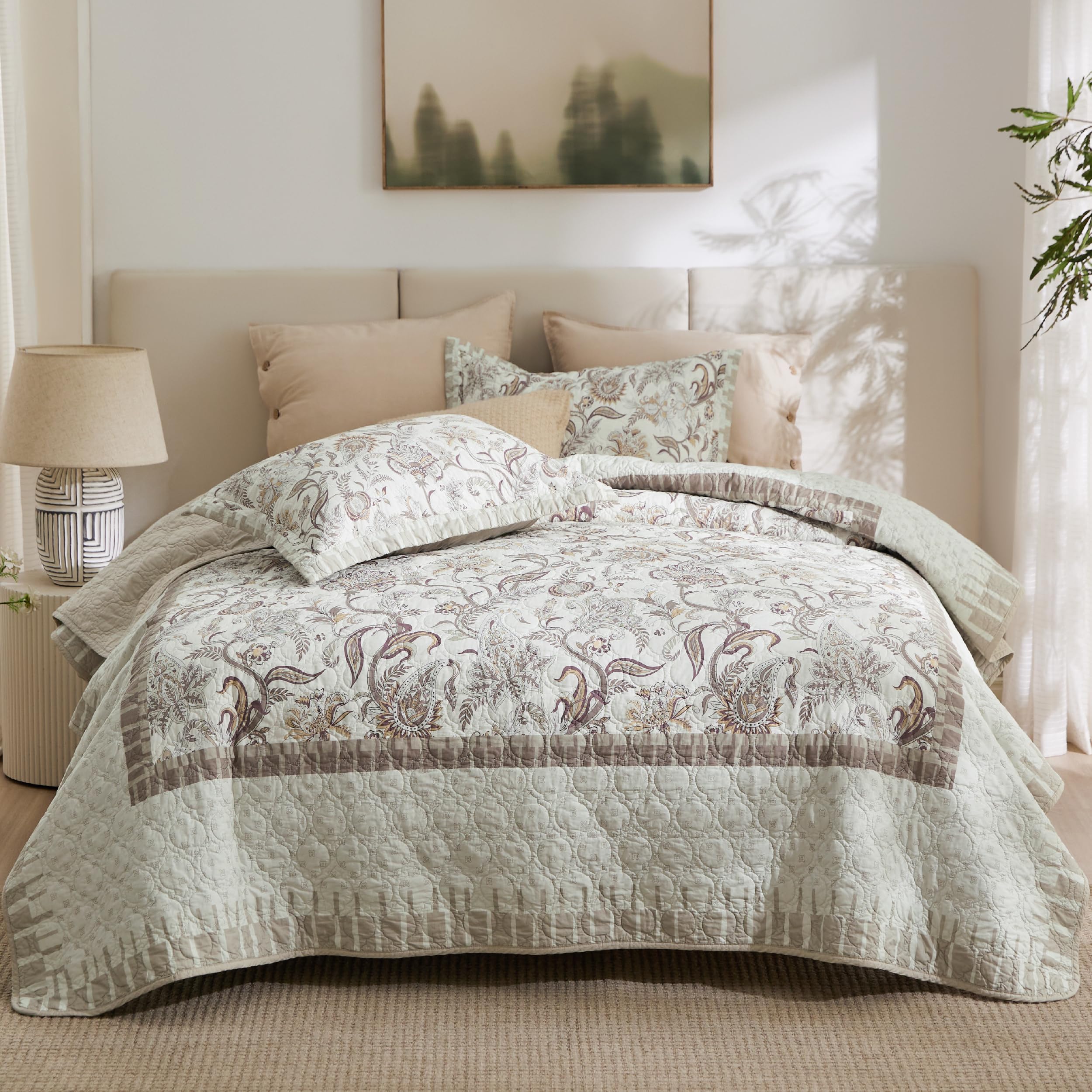 Bedsure Cotton Quilt Set Queen - Paisley Pattern Reversible Quilt Bedding Set, Gifts for Grandma, Taupe Floral Coverlet Set with 2 Pillow Shams for All Seasons (90"x96")
