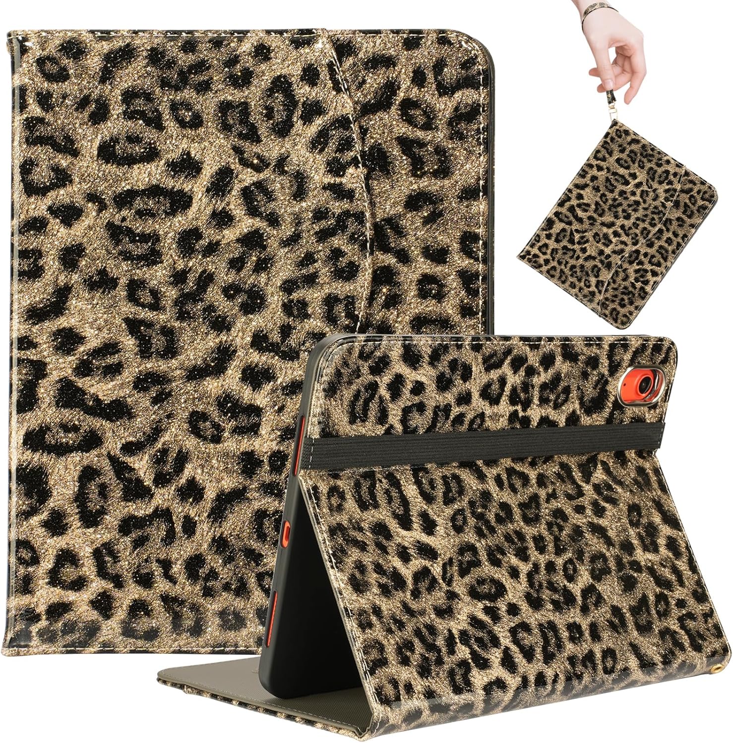 Glitter Case for iPad (A16) 11th Generation 11 Inch 2025, iPad 10th Gen 10.9'' 2022- Sparkly Cover for Women Girls with Auto Wake/Sleep, Wrist Strap, Stand, Pencil Holder, Gold Leopard
