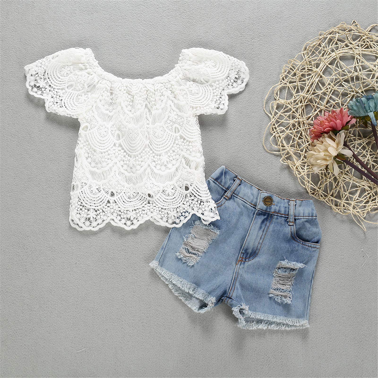 Baby Girls Clothes Lace Flowers Long Sleeve Romper Tops Blue Denim Pants 2pcs Kids Sets (White, 12-18 Months)