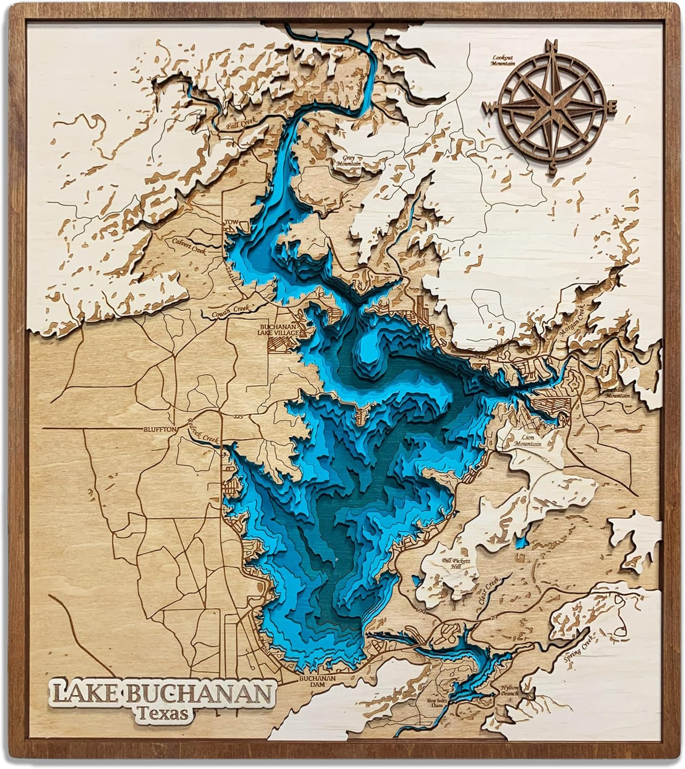 3D Wooden Lake Buchanan Texas Map Art - Topographic Wall Decor for Home or Office - Handcrafted Texas Lakes Souvenir