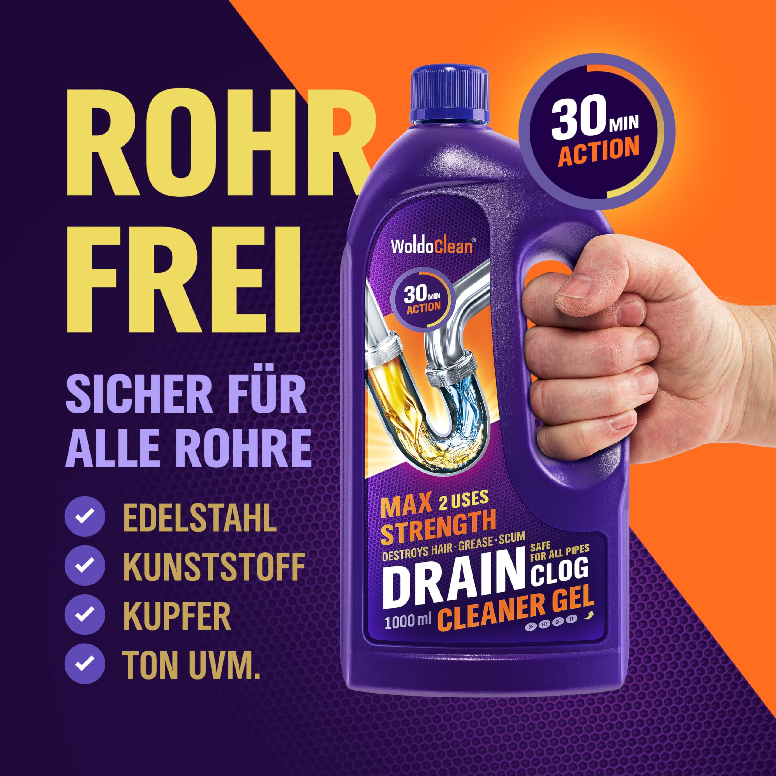 WoldoClean Rohrreiniger und Abflussreiniger Gel 8x 1000ml | 8 Liter extrem stark, gegen Haare & Fett, Dusche, Waschbecken, Bad & Küche