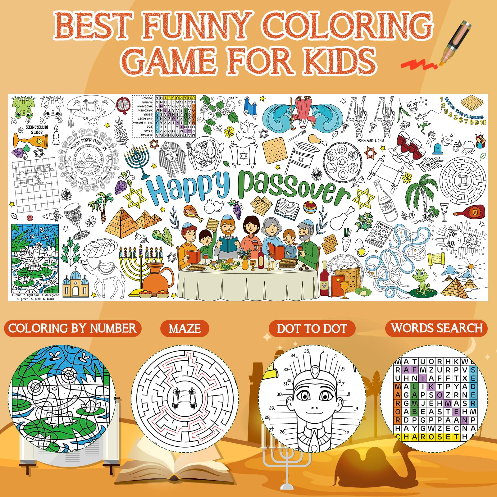 Happy Passover Table Runner Set With 8 Decorative Cards - 90" X 16" Polyester, Jewish Seder Decor