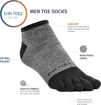 FUN TOES Mens Toe Socks Barefoot Running Lightweight -Value 6 Pairs Pack- Size 6-12
