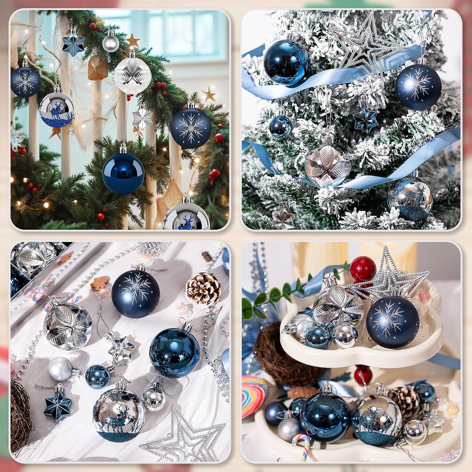 45ct Christmas Tree Ornaments, Navy Blue and Silver Shatterproof Balls Ornament and Star Set, Winter Wonderland Christmas Hanging Decorations for Xmas Tree Centerpiece Table Decoration