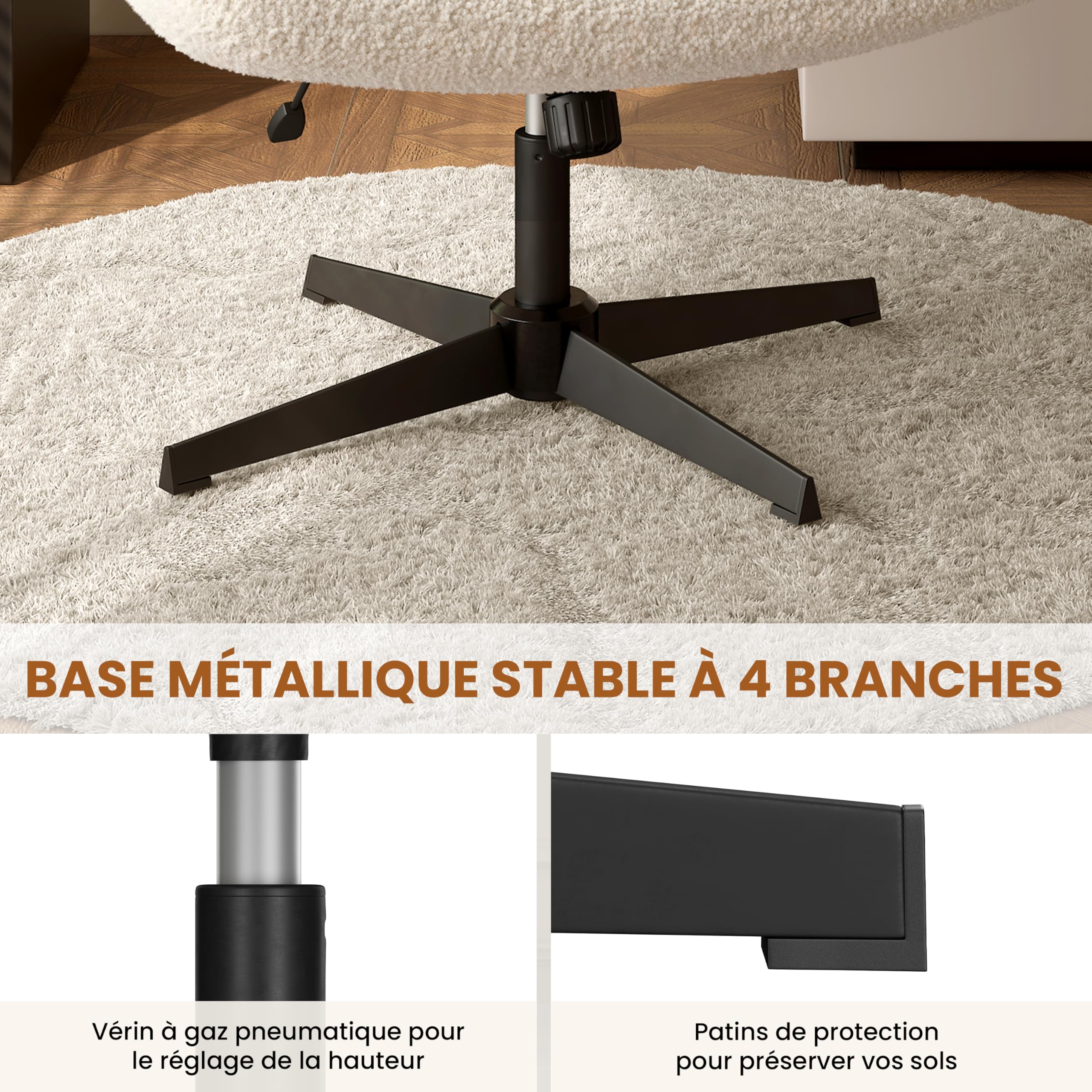 Yaheetech Chaise de Bureau sans roulettes, Fauteuil de Bureau sans Accoudoirs avec Large Assise, Fauteuil Pivotant en Tissu Bouclette, Chaise Réglable en Hauteur, pour Bureau Chambre, Ivoire