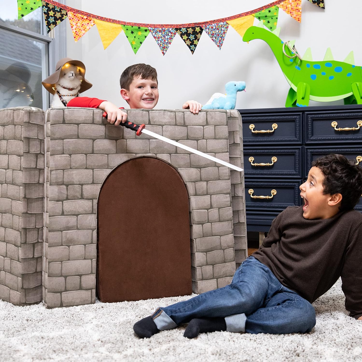Jaxx Zipline Playscape Castle Gate - Modular Playtime Furniture for Imaginative Kids - Prints, Stone/Chocolate