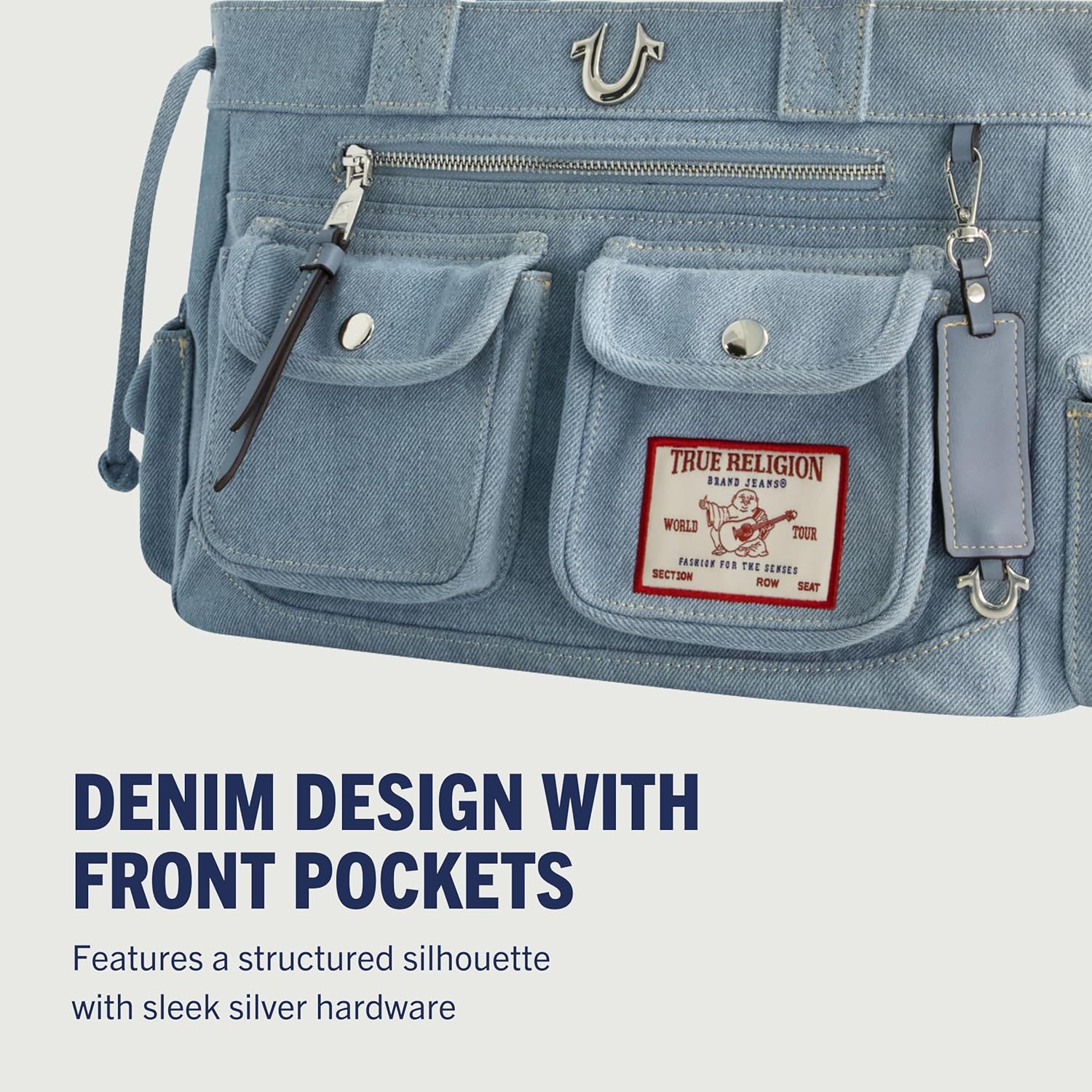 True Religion Tote Bag, Women's Multi-Pocket Faux Leather Handbag, Denim, One Size - Image 3
