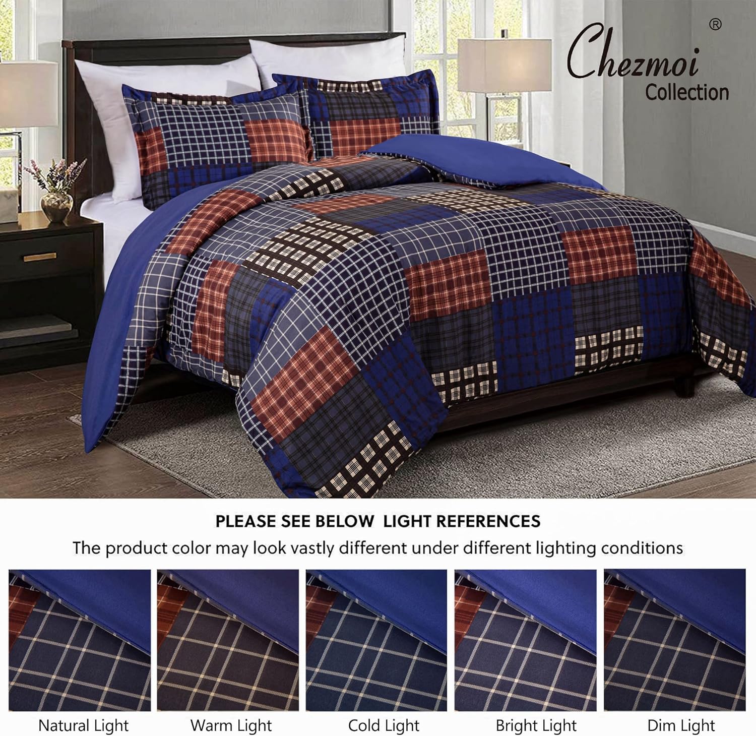 Chezmoi Collection Sherman 3-Piece Oversized Comforter Set - Multicolor Plaid Patchwork Printed Microfiber Oversized Bedding, Full Size