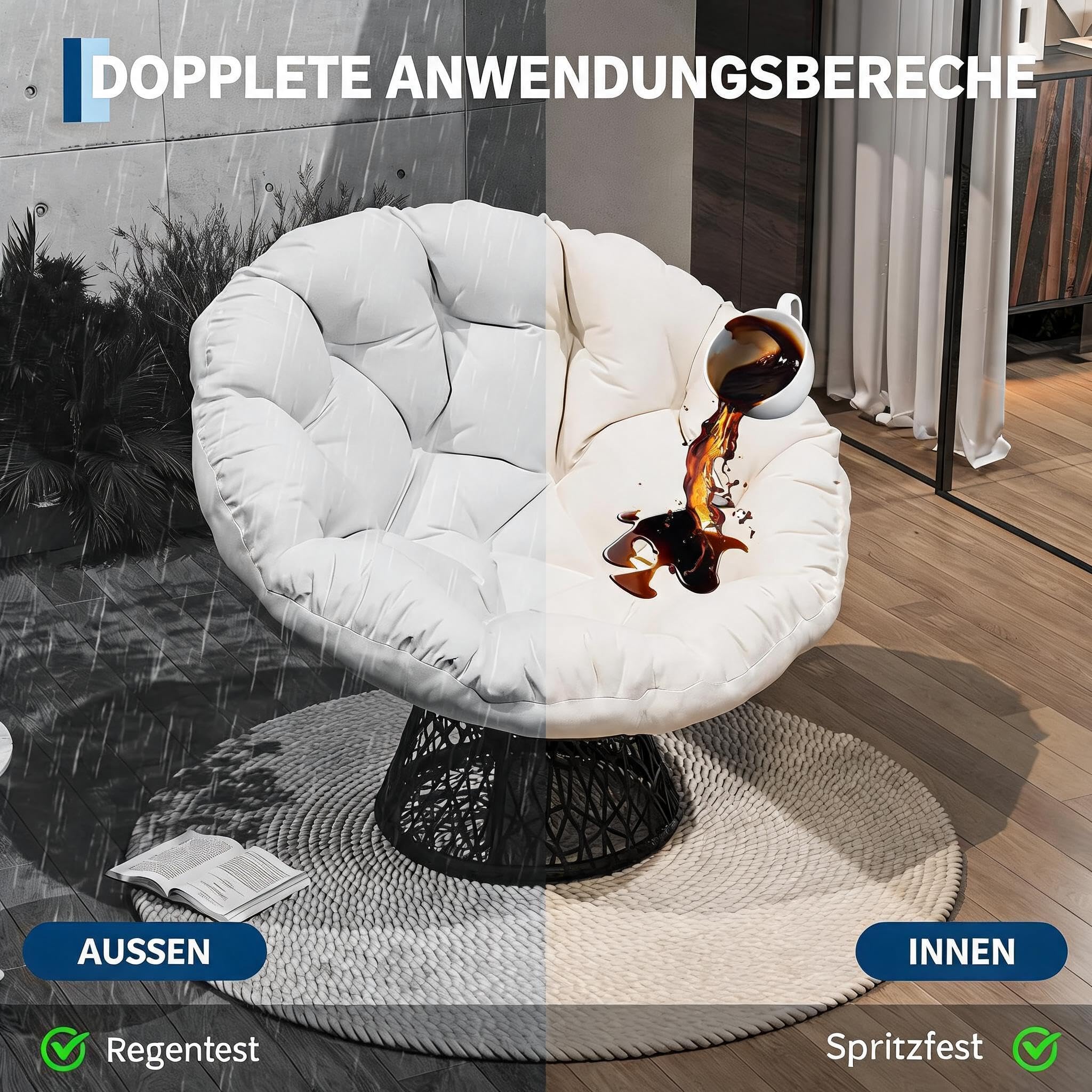 Papasansessel, Bequemer Rattansessel Mit Kissen Rund Durchmesser 124cm, 360° Drehbar Loungesessel Mit Stabiler Stahlrahmen, Gemütlicher Korbsessel, Drehsessel Für Wohnzimmer Balkon Leseecke, Beige-A