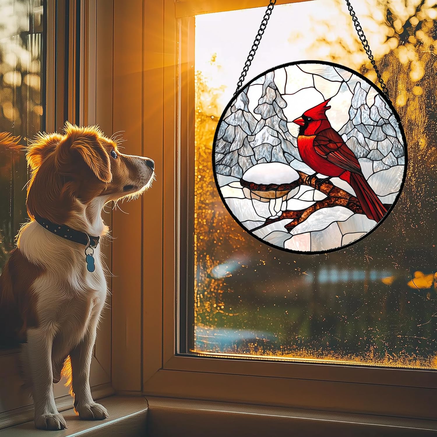 Stained Glass Window Hanging Cardinal Bird Winter Snow Scene 7.8" - Suncatcher Door Garden Sunroom Sun Catcher Home Decor Birthday Christmas for Mom Men Woman Nana - Image 2