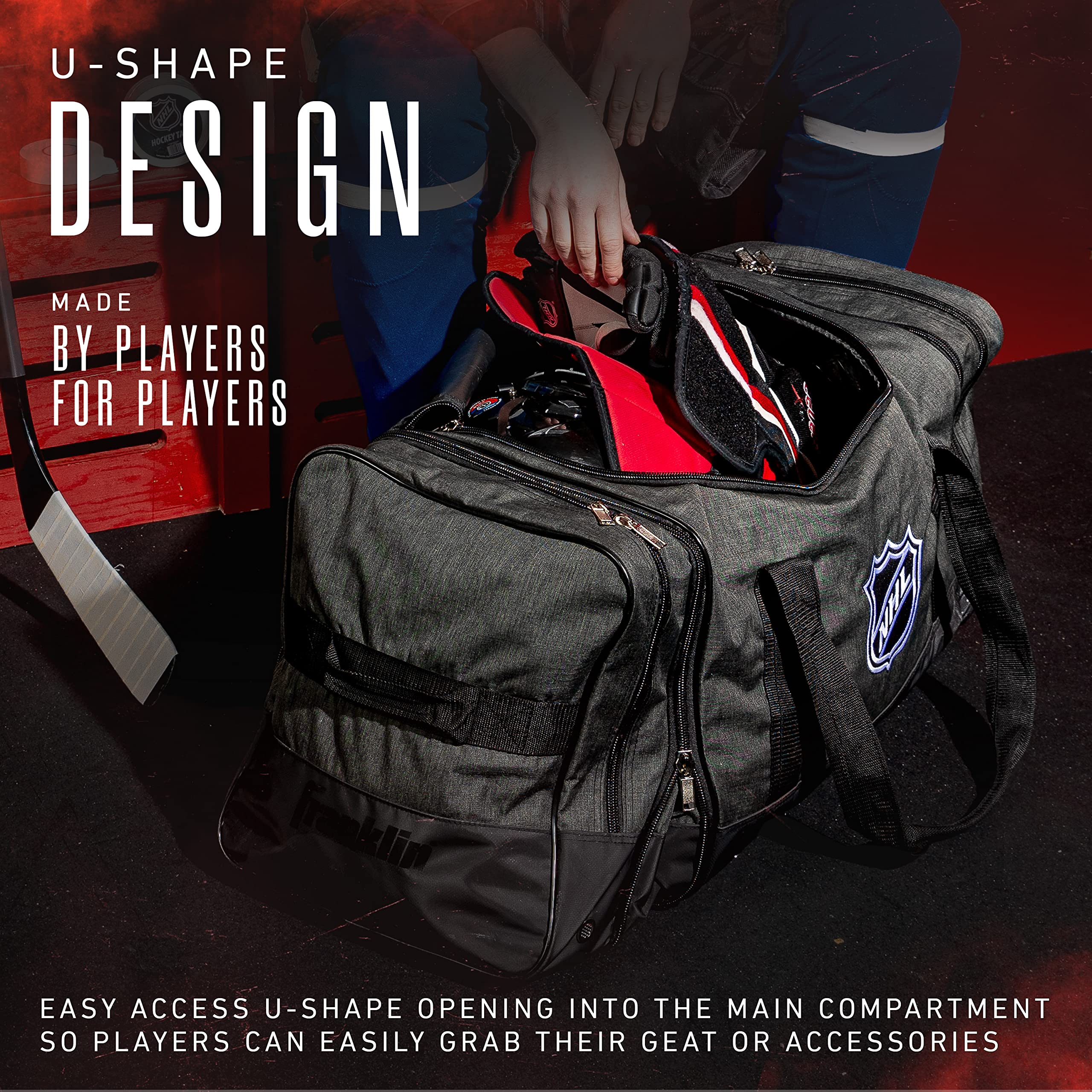 Franklin Sports NHL - Borsa da trasporto per hockey su ghiaccio, di alta qualità, per attrezzatura da hockey, grande, espandibile, resistente, con licenza NHL, Grigio/Verde Foresta, affidabile