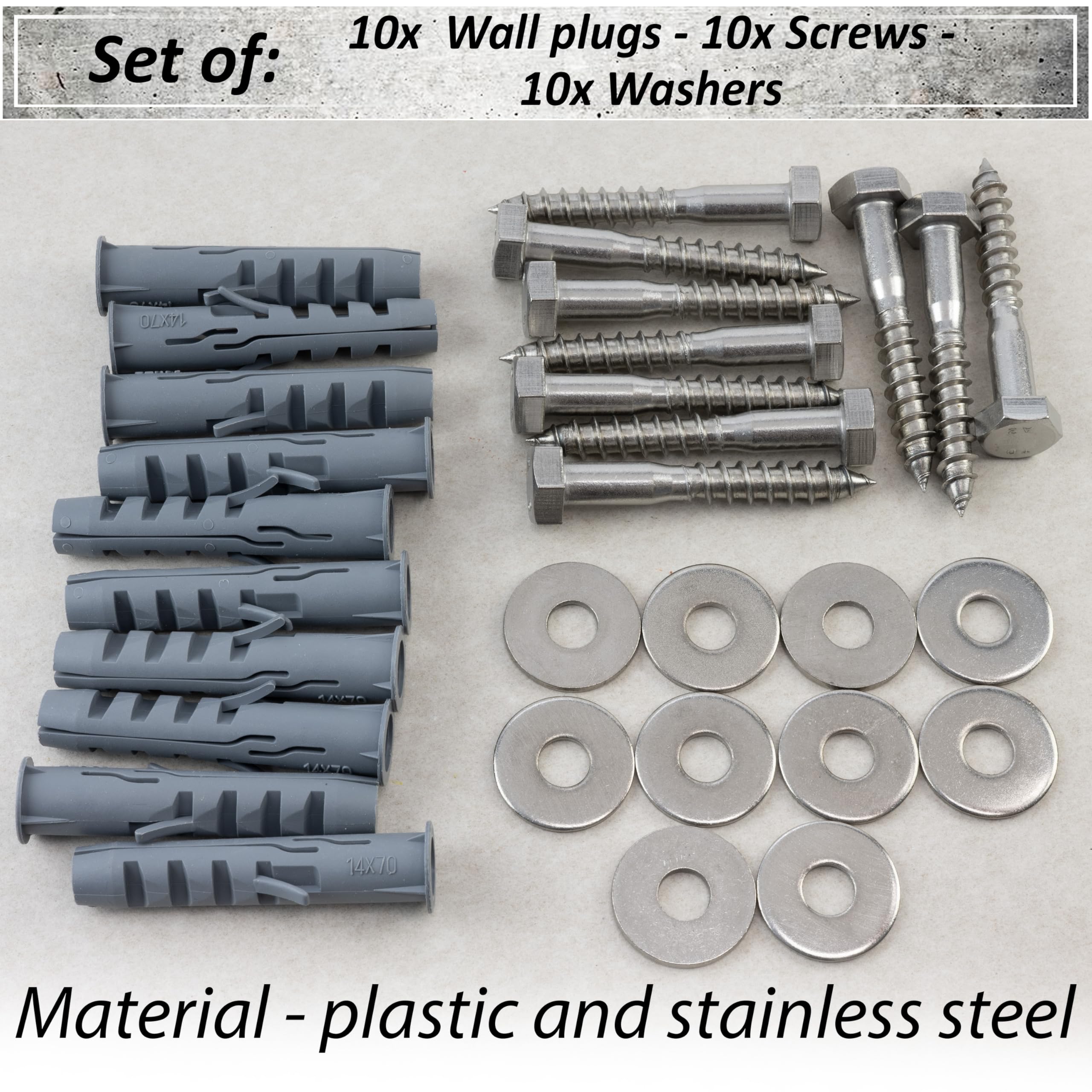 AERZETIX - Kit di 10 tasselli a colletto Ø14x70 mm in nylon + 10 viti tirafondi Ø10x70 mm in acciaio inossidabile A2 + 10 rondelle larghe A2 per bullone M10