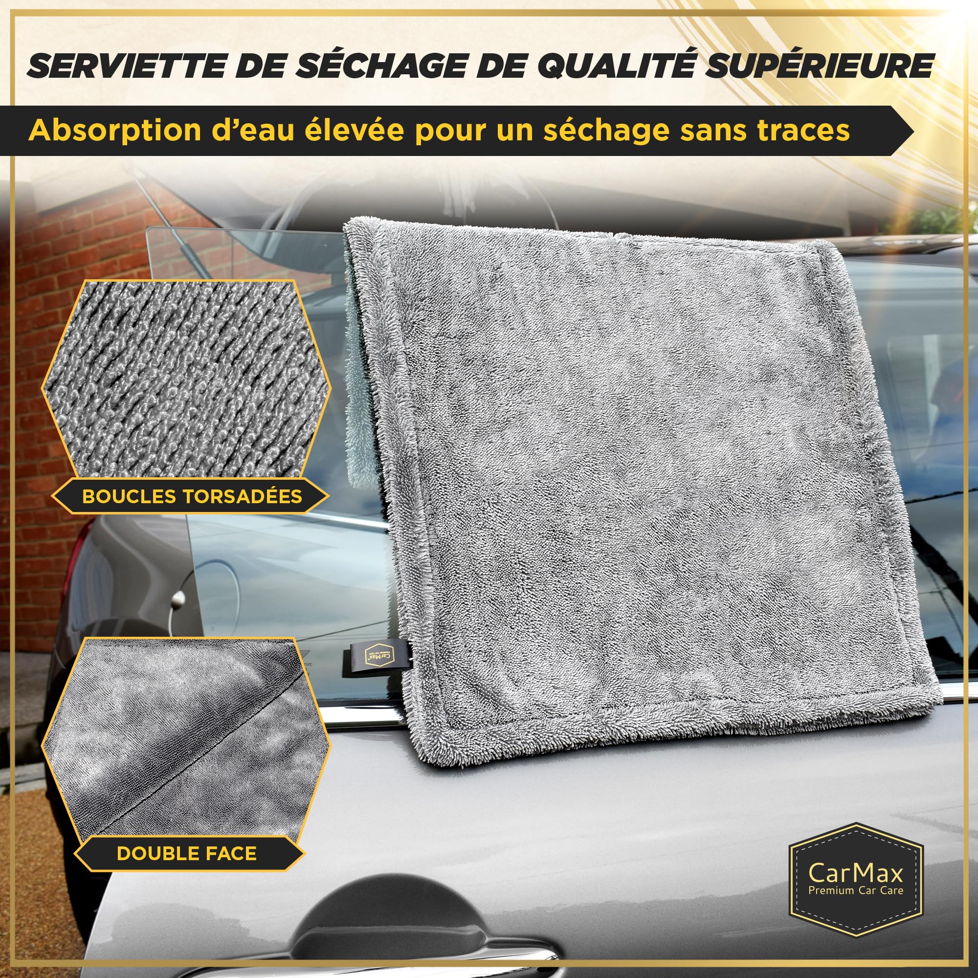 CarMax® - Serviette de Séchage Voiture en Microfibre Twisted Loop – Haute Absorption – Séchage sans Traces – Sûre pour Peinture et Vitres (XXL - 90cm x 60cm)