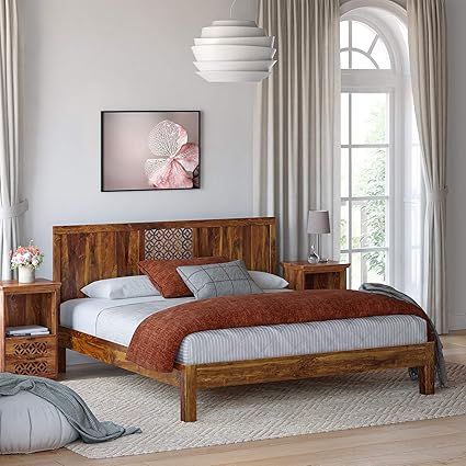 wopno Furniture Pure Sheesham Wooden Solid Wood Queen Bed for Bedroom (Finish Color - Honey)
