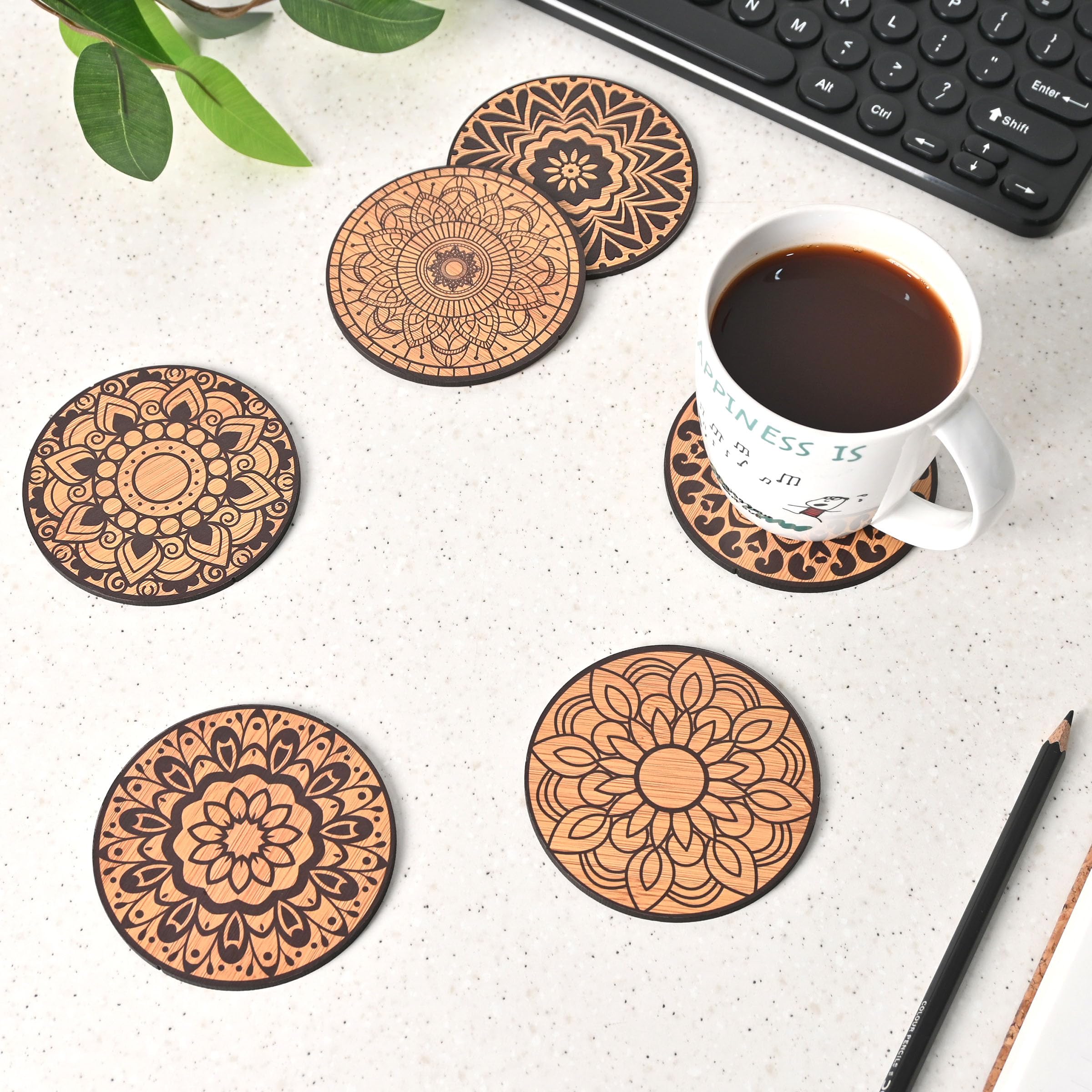 Gift Kya De Gkd Coaster Set Of 6 Mandala Art Wooden Coasters With Proper Coaster Stand Coaster Set Fit For Tea Cups, Coffee Mugs And Glasses (3.5 X 3.5 Inch) (Bamboo Ecofriendly)