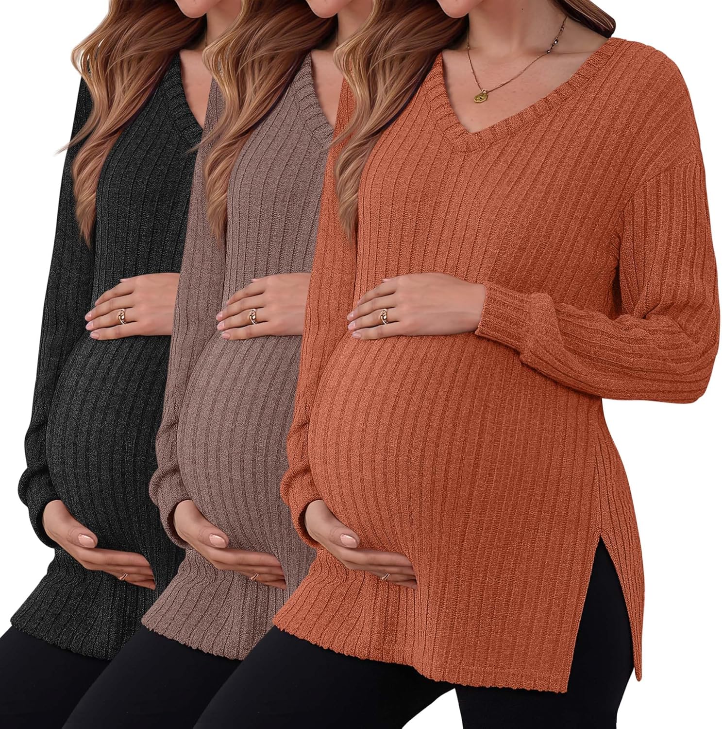 3 Pack Women's Ribbed Maternity Shirts, Long Sleeve V Neck Pregnancy Sweaters with ...