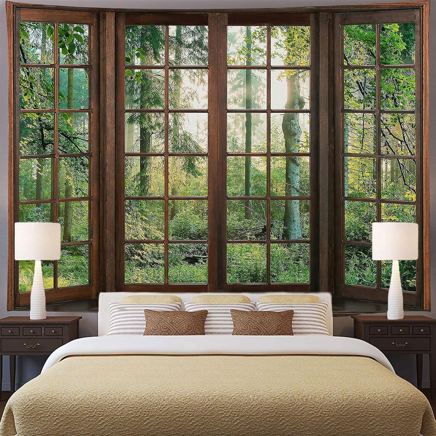 Aidatain Green Forest Natural Tapestry Window Scenery Wall Aesthetic Tapestry for Bedroom Flannel 108" L x 90" W Beach Blanket Living Dinning Room College Dorm Wall Hanging GTDJAT0095