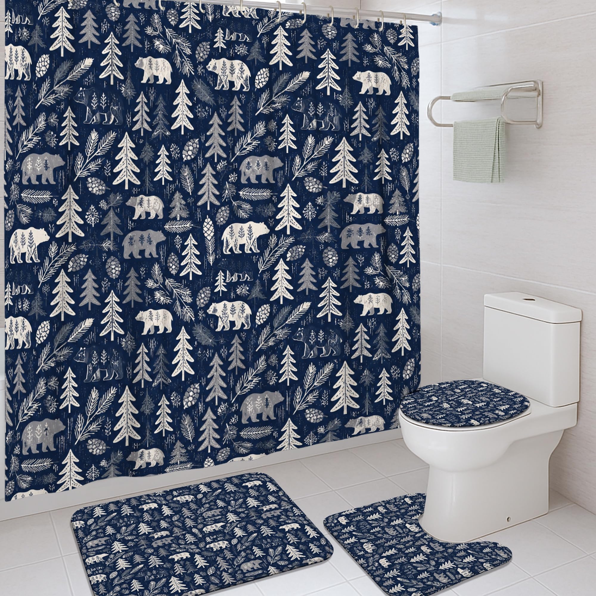 Rideau de douche ours et pin 183x183 cm imperméable pour baignoire