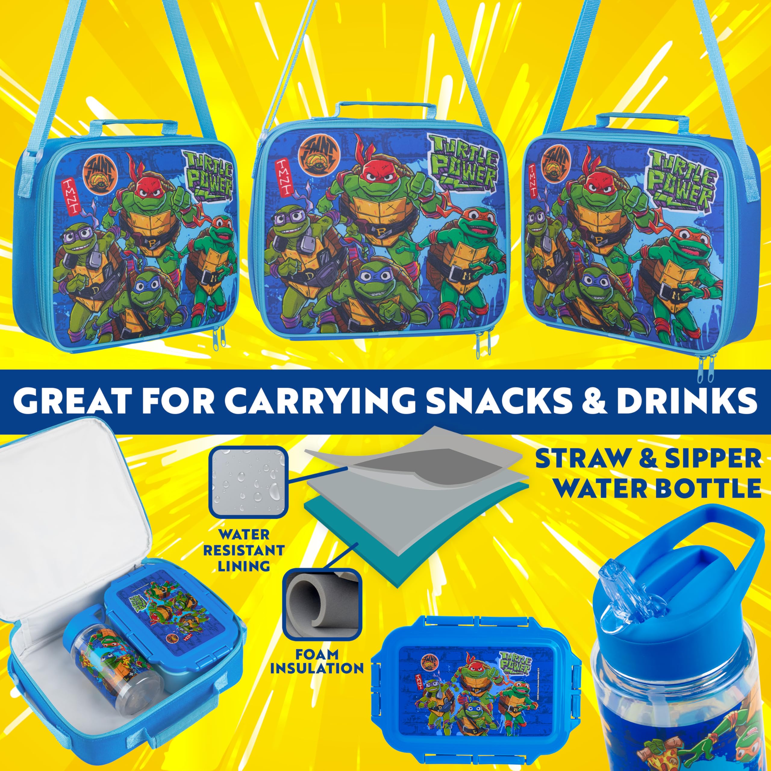Get Trend Teenage Mutant Ninja Turtles Bolsa Termica Infantil con Fiambrera Almuerzo Botella Agua Niños 3 Piezas Bolsa Merienda Botellas Loncheras (Azul TMNT)
