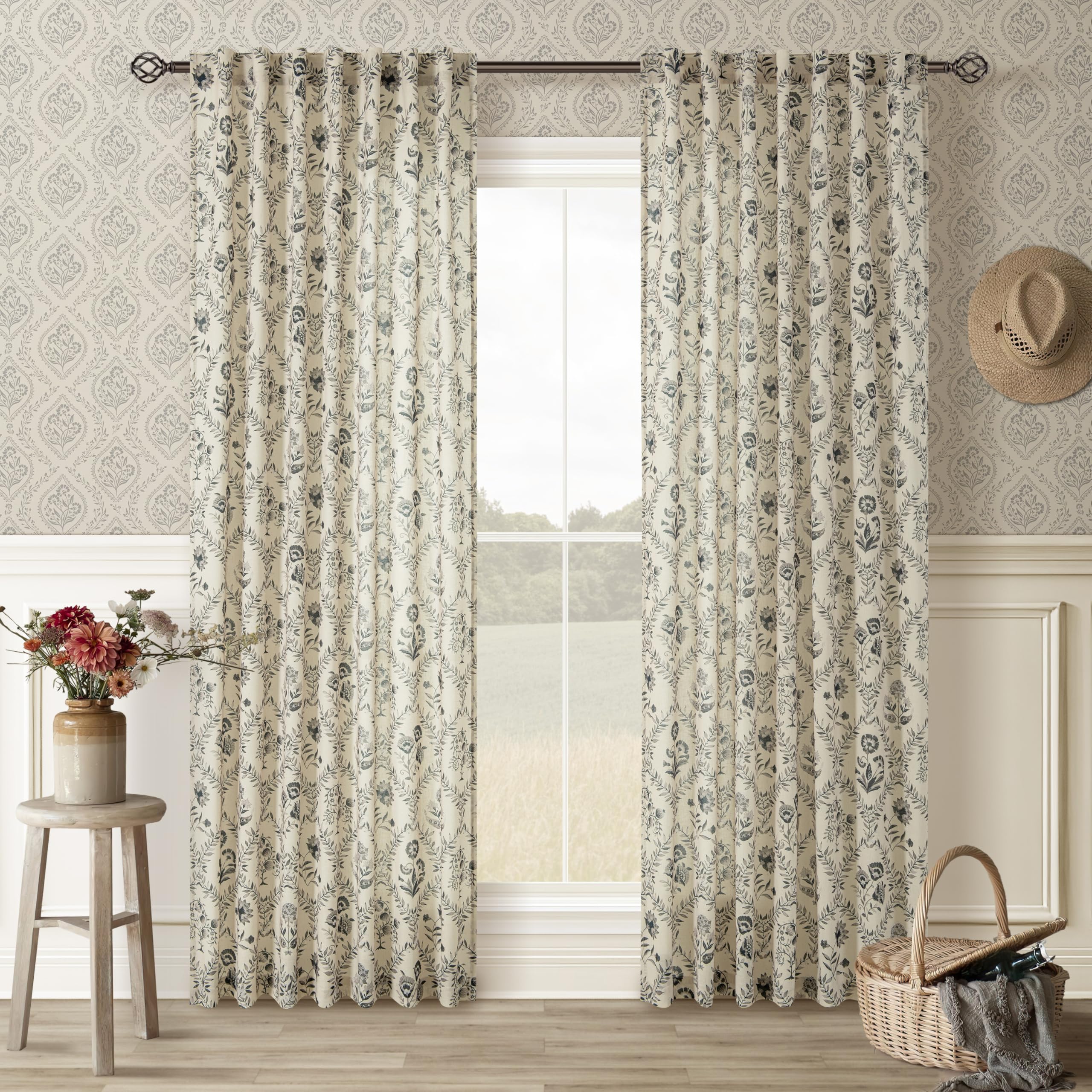 Vintage Floral Curtains 96 Inches Long for Living Room Greenish Charcoal Botanical Patterned Curtains Print Burlap Farmhouse Country Style Room Decor