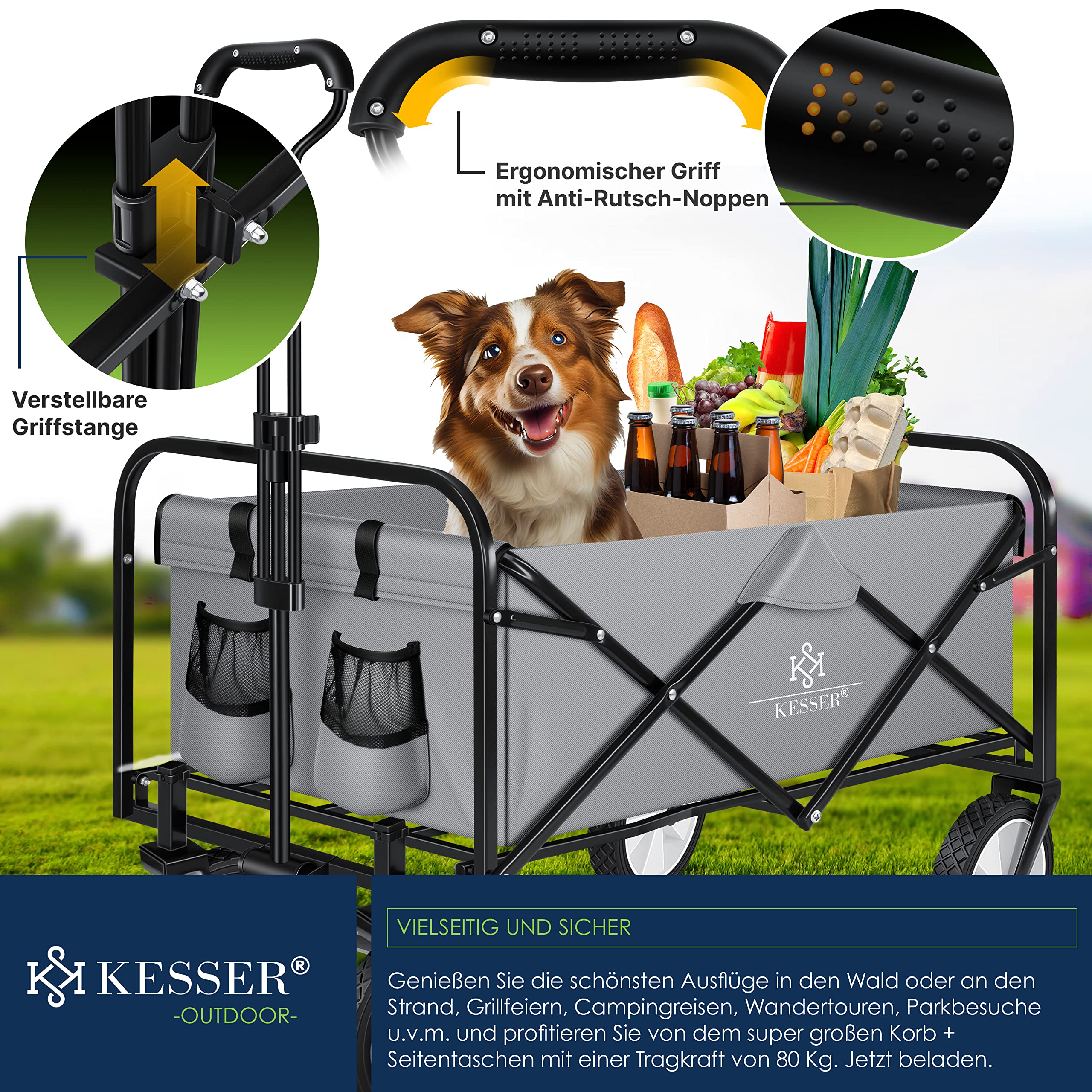 KESSER® Bollerwagen faltbar Handwagen Transportkarre max. 150kg Tragkraft & 360° PVC-Reifen Gerätewagen inkl. 2 Netztaschen, Seitentasche & Abdeckung Transportwagen Gartenanhänger ohne Dach, Grau