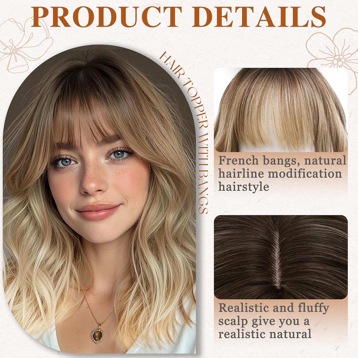 Hair Topper with Bangs 16 Inch Ombre Blonde Synthetic Wavy Hair Toppers for Women 6.5"x6.5" Big Base Invisible Wiglets Hairpieces for Women Daily Wear