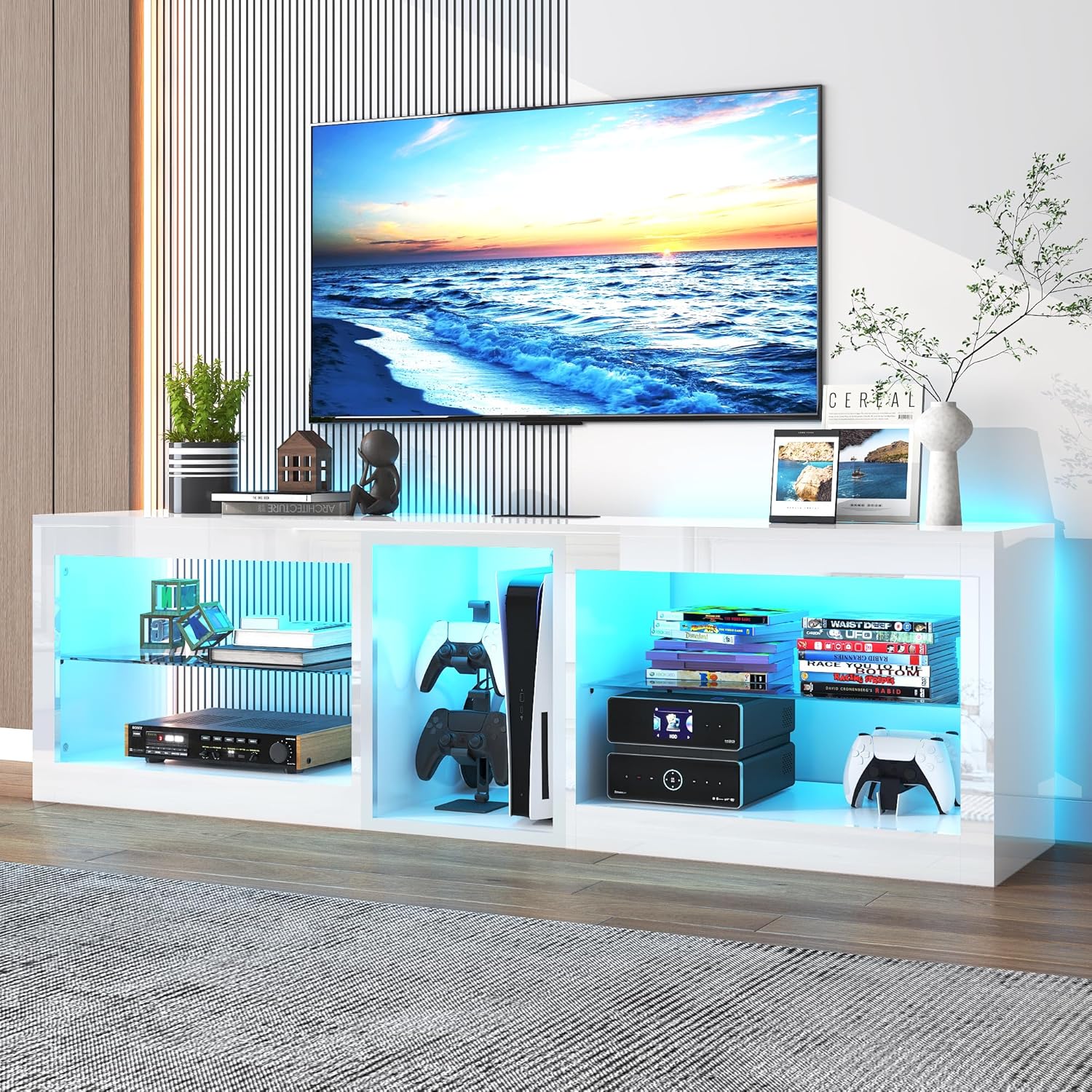 Vinctik 6&Fox LED TV Stands w/Power Outlet,60,00-Colors Lighting for 65 70in TV, 63" Modern High Gloss Entertainment Center,TV Console W/Adjustable Glass Shelves for Living Room Game Bedroom (White)