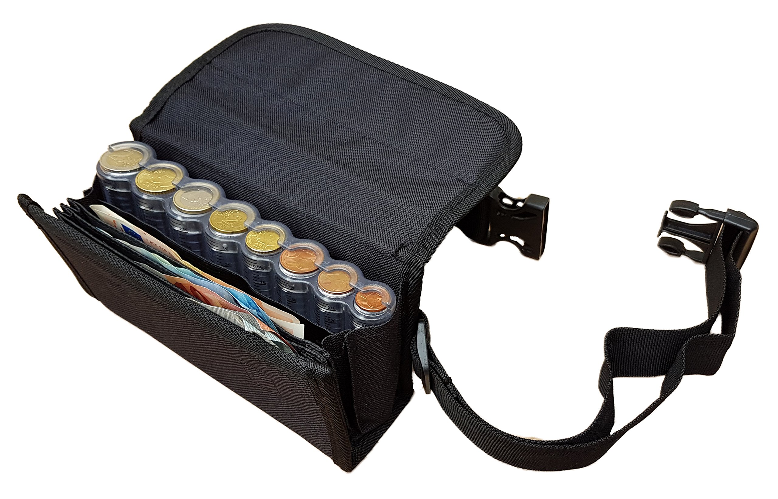 Riñonera de Camarero de Lona Negra, Monedero de Camarero,1 Bolsillo Zip Interior, Incluido Dispensador/Distribuidor/Clasificador para Monedas de Euros, Cierre Magnético